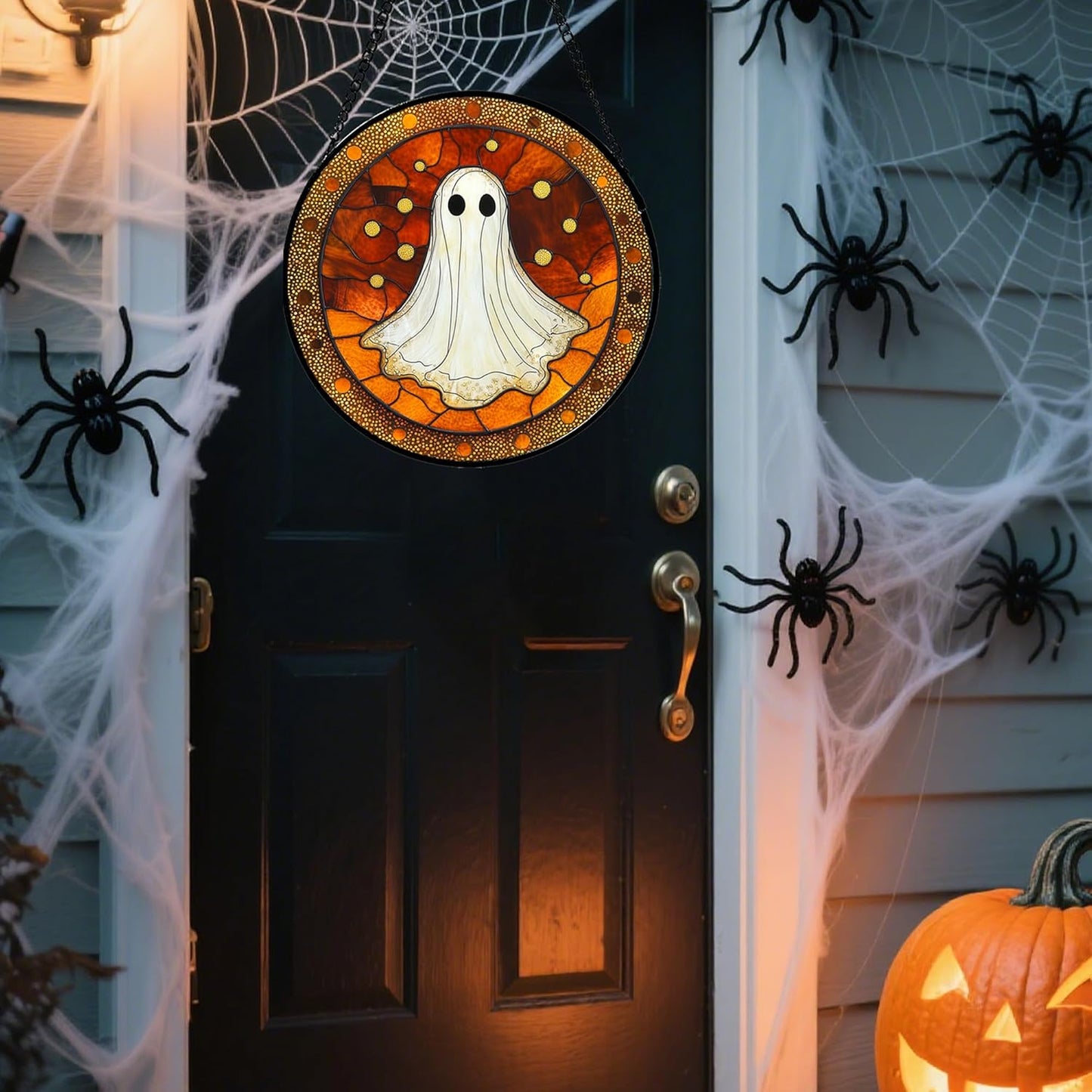 Stained Glass Window Hanging - Halloween Decorations White Ghost Suncatcher for Doors Garden Indoor Spooky Funny Orange Sun Catchers Gothic Decor Horror Gifts for Women Men Friend 9.8 in