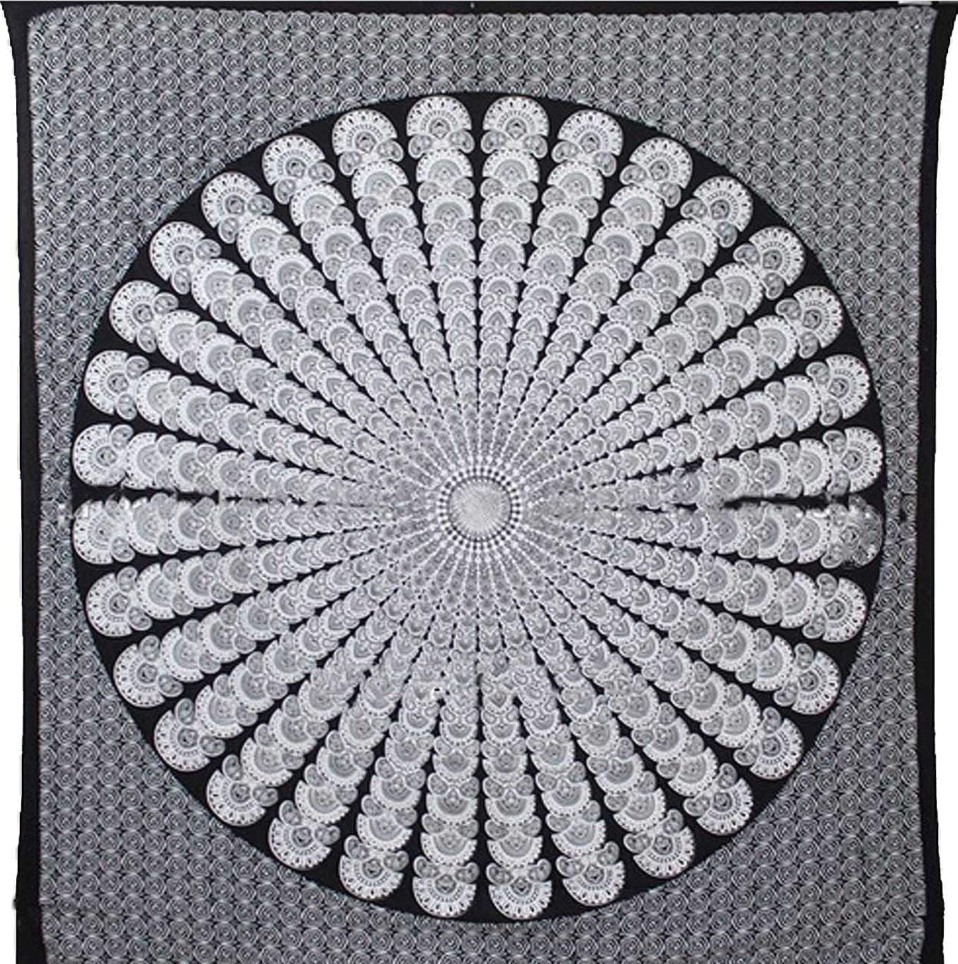Bless International Handmade Indian hippie Bohemian Psychedelic Peacock Mandala Wall hanging College Dorm Beach Throws Table Cloth Bedding Tapestry (Black White, Queen(84x90Inches)(215x230Cms))