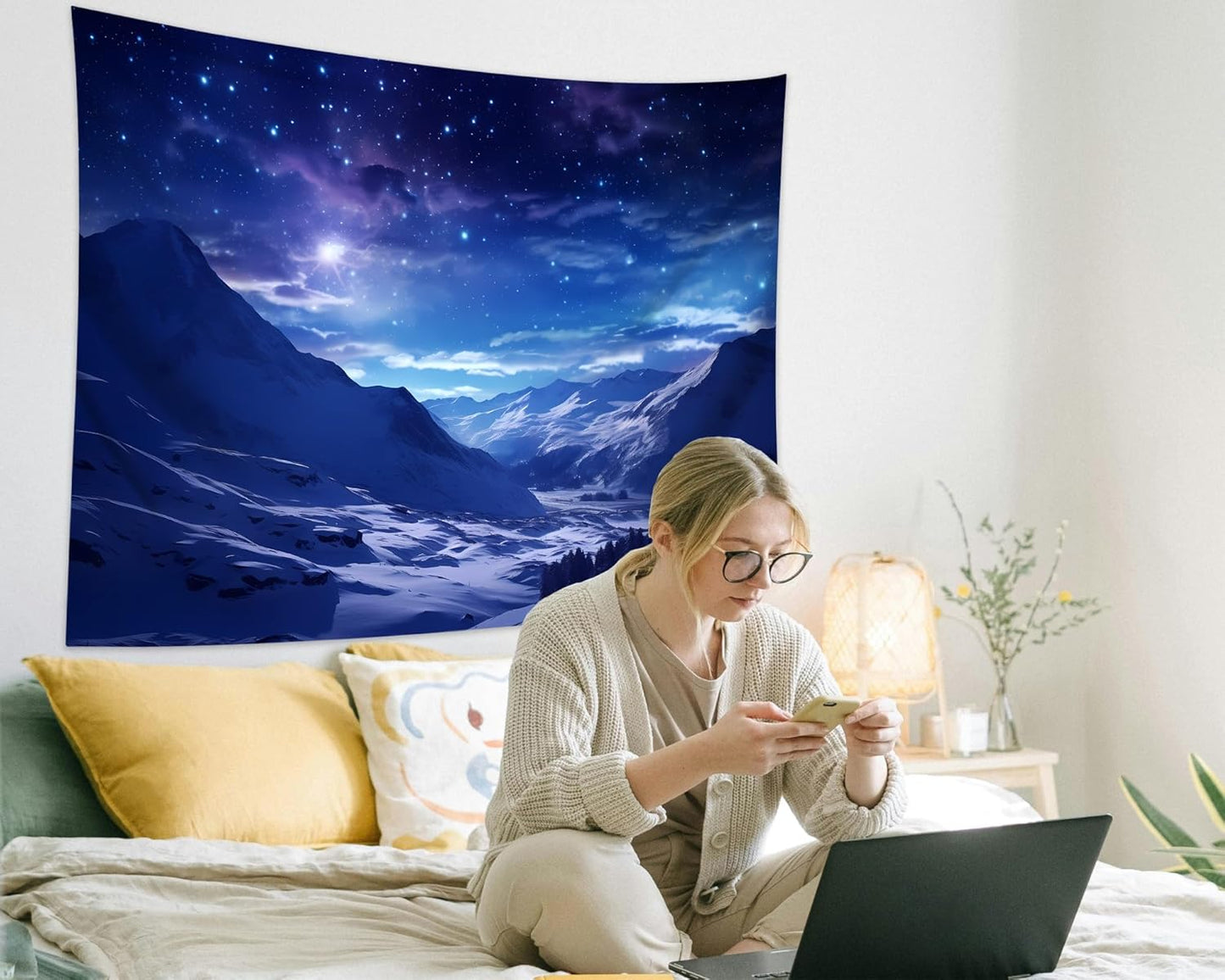 QGHOT Winter Tapestry Wall Hanging Snow Scene Backdrop Snow Mountain Wall Decor Blue Nature Landscape Snowy Large Tapestry for Bedroom Room Dorm, Large