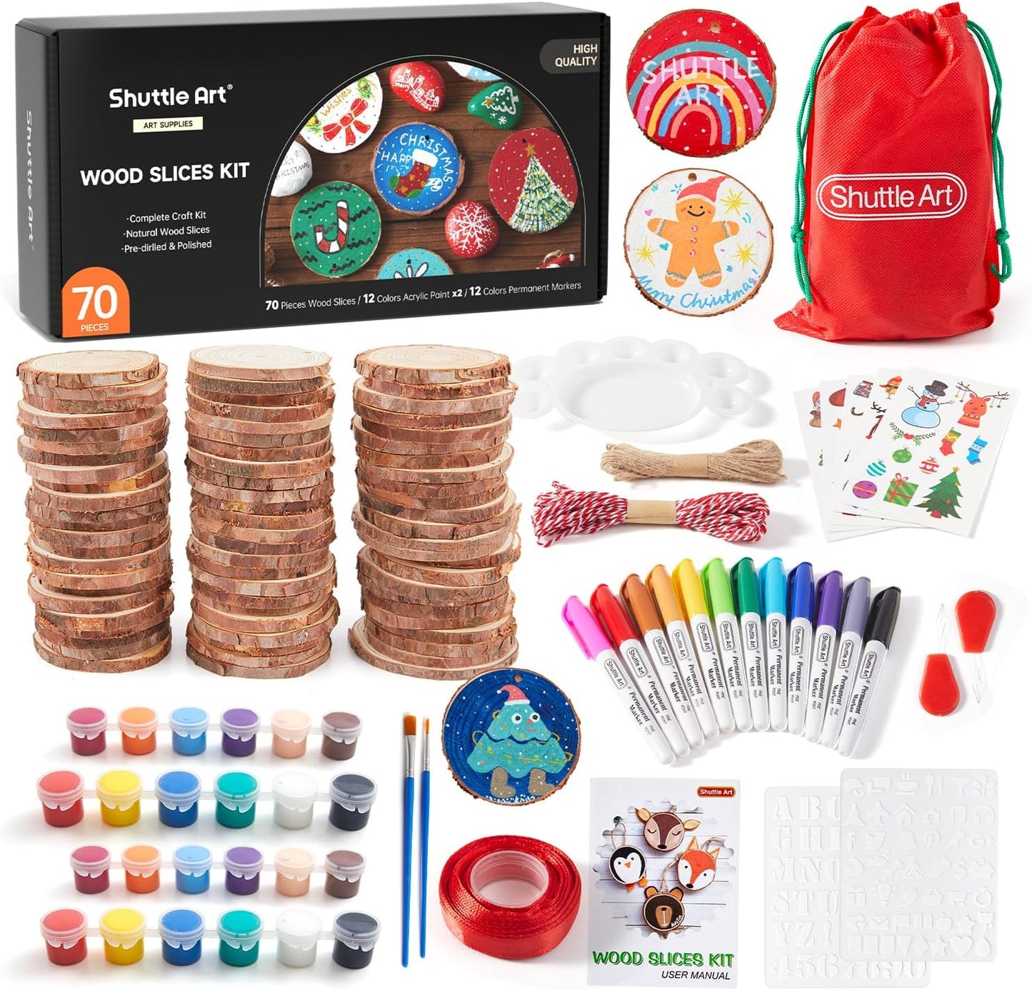Shuttle Art Natural Wood Slices 70 PCS 2.8-3.1 Inches Craft Wood Ornament Kit, Unfinished Predrilled Wooden Circles with Hole, Jute Twine, Acrylic Paint, Markers for DIY Decoration
