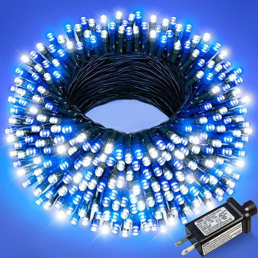 Christmas Lights Outdoor, 100FT 300 LED Christmas Tree Lights with 8 Modes Waterproof, Connectable Green Wire Twinkle Tree Lights for Indoor Patio Garden Party Decorations, Blue White