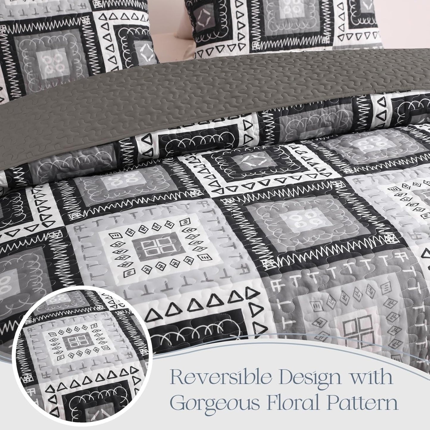 Exclusivo Mezcla Reversible Boho Quilt Set King Size, 3 Pieces Patchwork Black All Season Bedspreads, Ultra Soft Floral Coverlet Bedding Set with Printed Pattern (1 Quilt, 2 Pillow Shams)