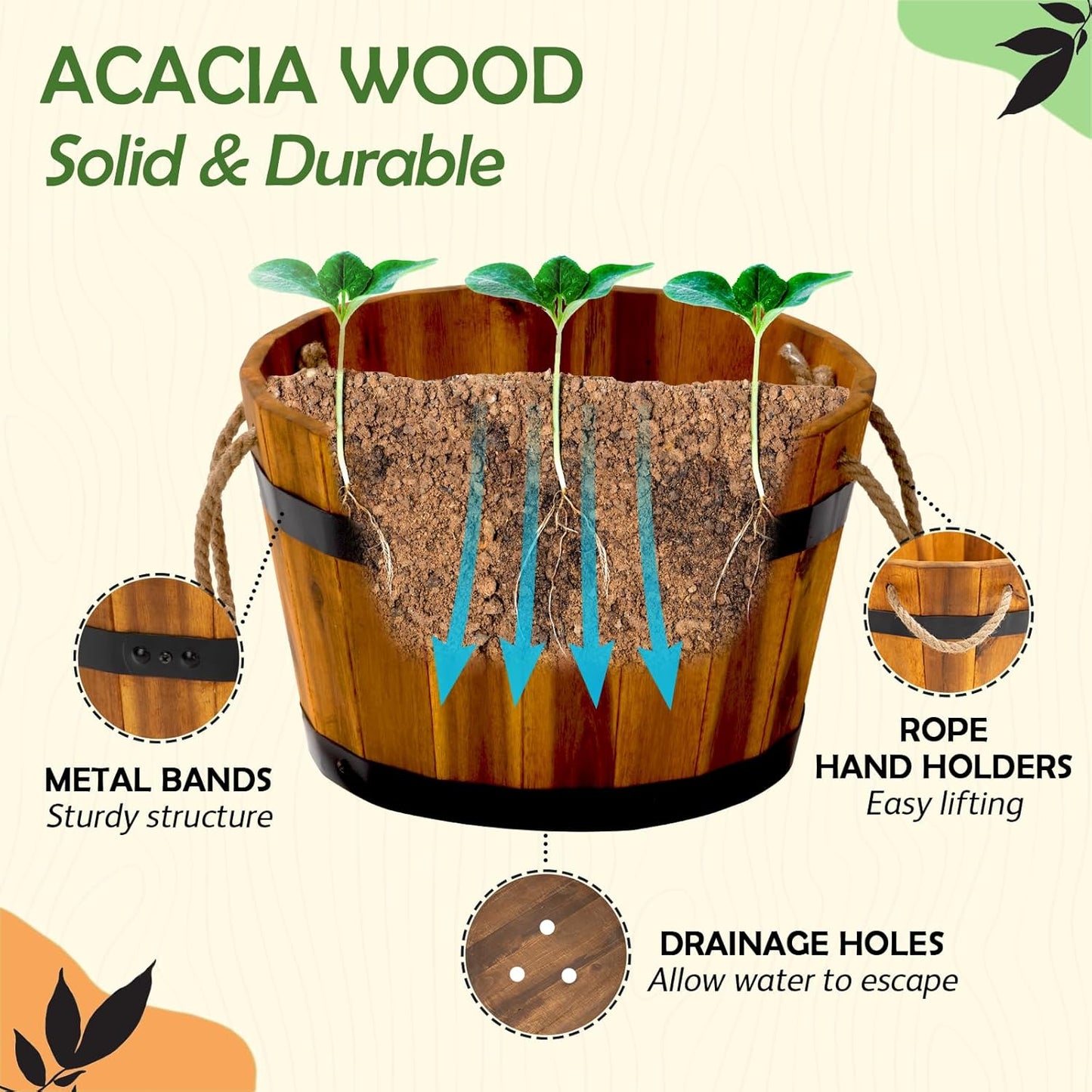 IDZO Set of 3 Wooden Flower Boxes Outdoor, Durable Acacia Wood Barrel Planters for Outdoor Plants with Ergonomic Handles, Drainage Holes, Multiple Sizes Wood Bucket Planter for Home Décor