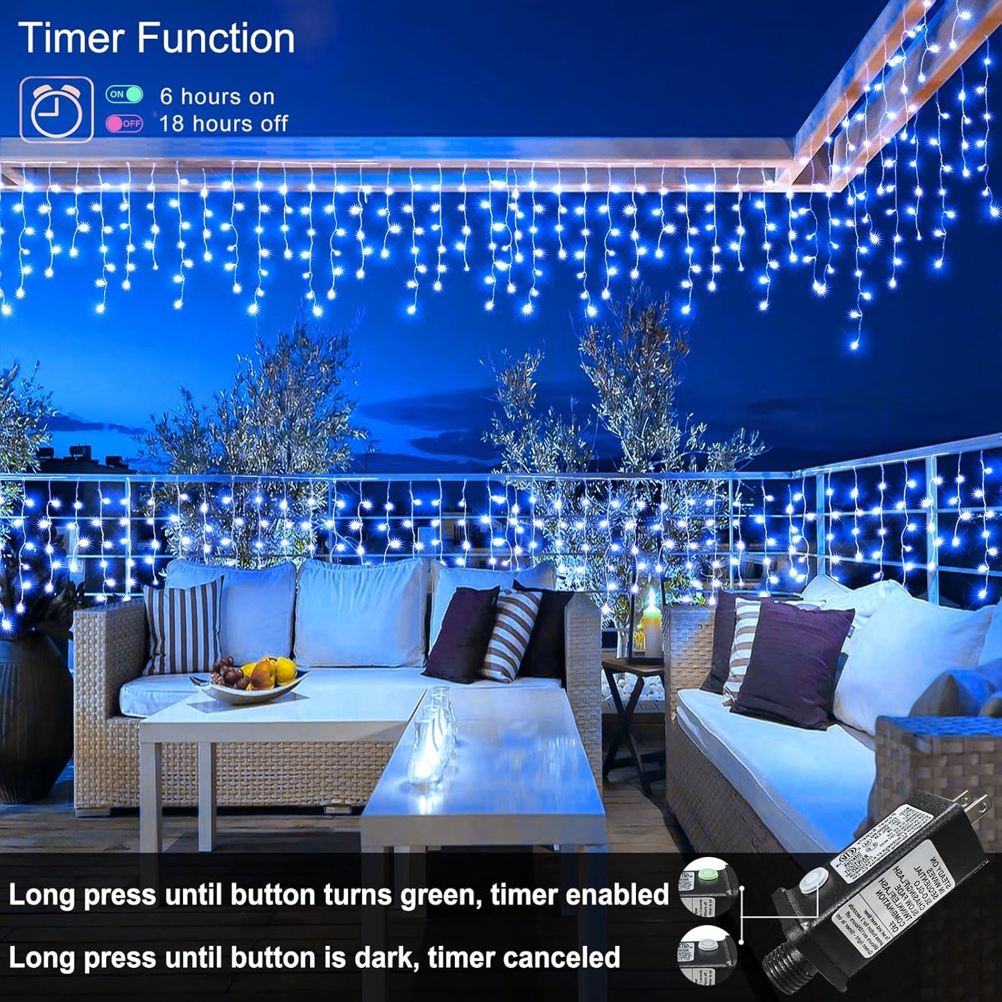 99ft Blue Christmas Lights Outdoor, 1216 LED Icicle Lights for Outside House with Clear Wire 8 Modes Timer, Plug in Waterproof for Home Holiday Eaves Yard Party Tree Room Wall Indoor Decoration
