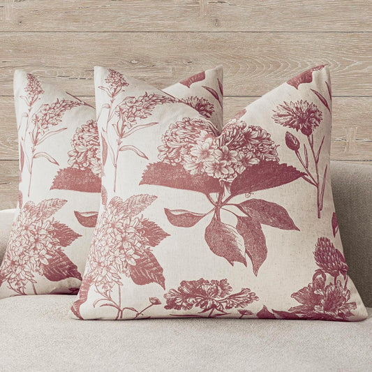 Foindtower Set of 2 Linen Floral Vintage Throw Pillow Covers Neutral Accent Print Decorative Cushion Covers Farmhouse Home Decor for Sofa Chair Couch Bedroom Living Room Outdoor,22×22 Inch,Dark Pink