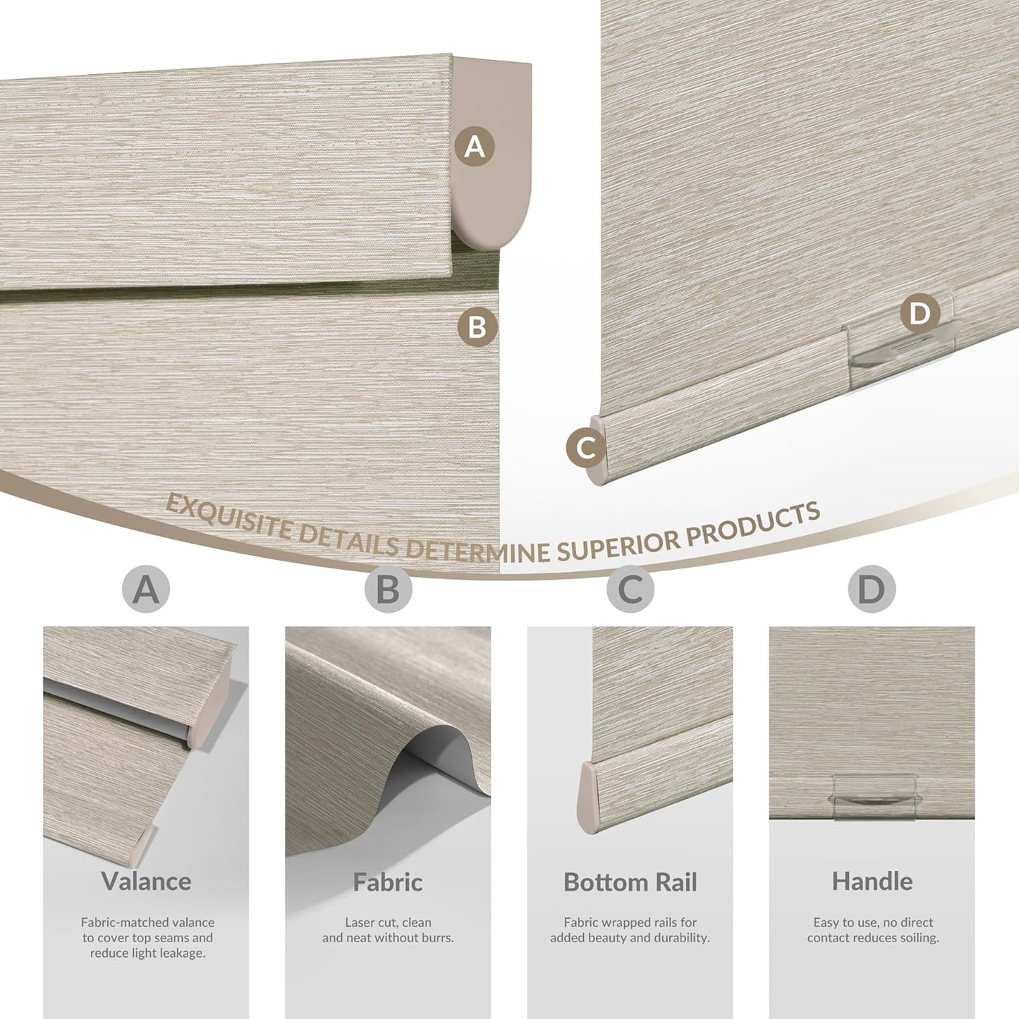 Boolegon Blackout Roller Shades for Windows, Cordless Jacquard Fabric-Matched Roller Blinds, Easy to Install Privacy UV Protection Blinds for Home, Office, Blackout Beige, Custom Size