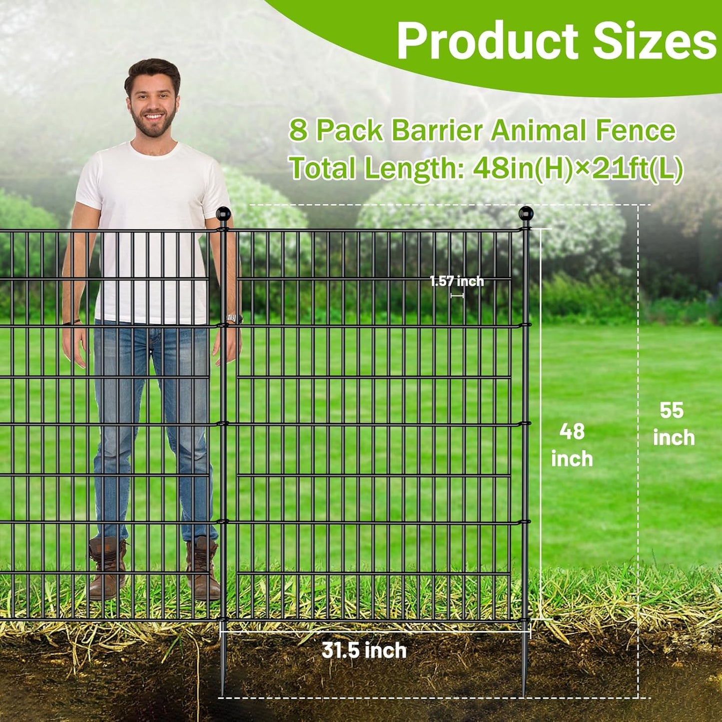 8 Panels No Dig Decorative Outdoor Garden Fence for Yard, 48 in(H) X 21 ft(L) Animal Barrier Fencing Rustproof Metal Wire Panel Border for Dog, Rabbits, and Patio Temporary Ground Stakes