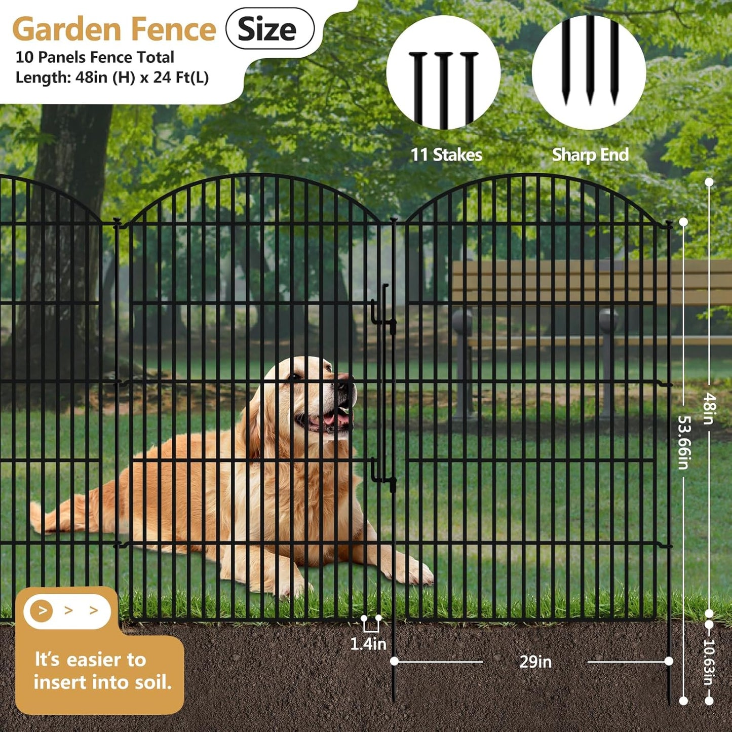 10 Panels Decorative Garden Fence with Lock, 48in (H) x 24ft (L) No Dig Dog Animal Barrier for Outdoor Yard, Rustproof Ground Stakes Metal Fencing for Yard, Patio, Flower Bed
