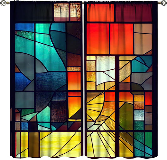 Stained Glass Curtains,Retro Abstract Colorful Geometry Textures Art Home Decor Drapes for Bedroom Living Room Kitchen Window Treatment 2 Panels Set Total Size 63" W X 72" L Inch