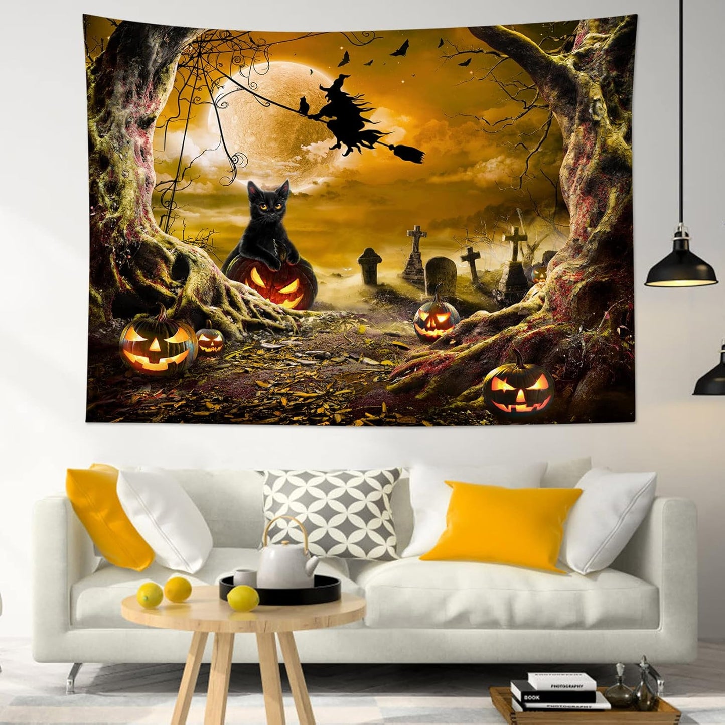 LB Halloween Wall Art: Horror Witch Cat & Dead Tree Pumpkin Lights - Spooky Graveyard & Misty Forest Wall Tapestry for Bedroom & Living Room - 59x51 Inches