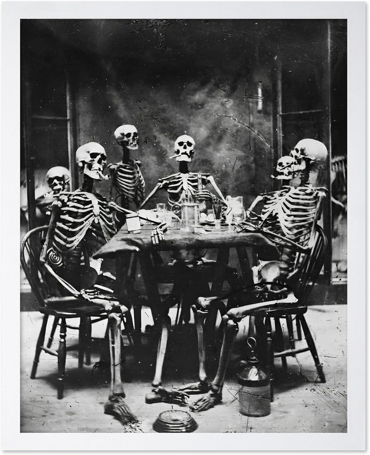 Poster Master Vintage Photograph Poster - Retro Daguerreotype Print - Gift for Artist, Friend - Skeletons Smoking at Table, Dinner Party, Goth - Wall Decor for Home, Dorm, 8x10 White Framed