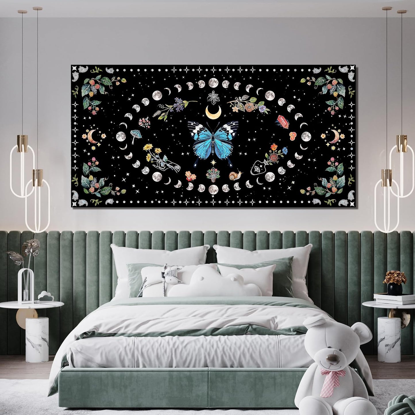 Canvas Wall Art Prints Blue Boho Wall art Decor Canvas Art Wall Decor Wall Pictures for Living Room Vintage Butterfly Wall Art Moon Flower Abstract Artwork for Walls Home Bedroom Decor 20" X 40"