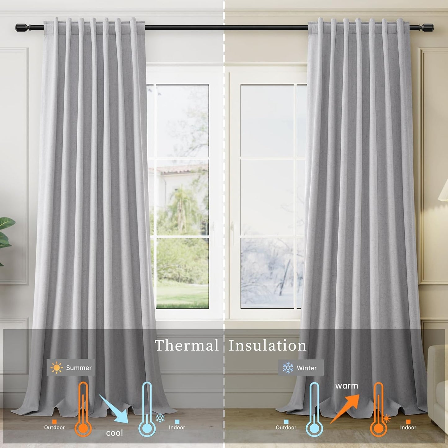 Grey Blackout Curtains Linen Room Darkening 96 Inch Long for Bedroom Living Room 2 Panels Set Back Tab 100% Black Out Curtains Light Gray Modern Linen Blended Thermal Insulated Drapes Heat Blocking
