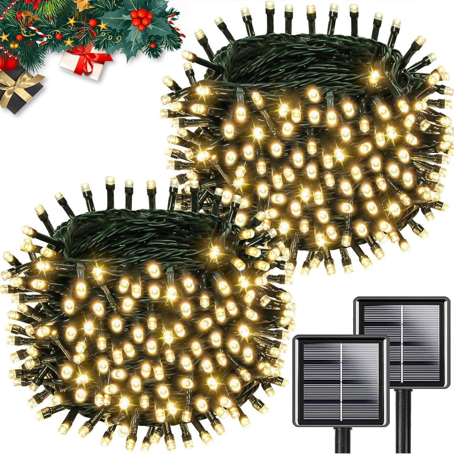 Solar String Lights Outdoor Waterproof 2PK 200LED 66FT Twinkle Lights Auto On/Off Solar Powered LED Fairy Light Green Wire with 8 Modes for Christmas Tree Party Wedding Garden Decoration (Warm White)