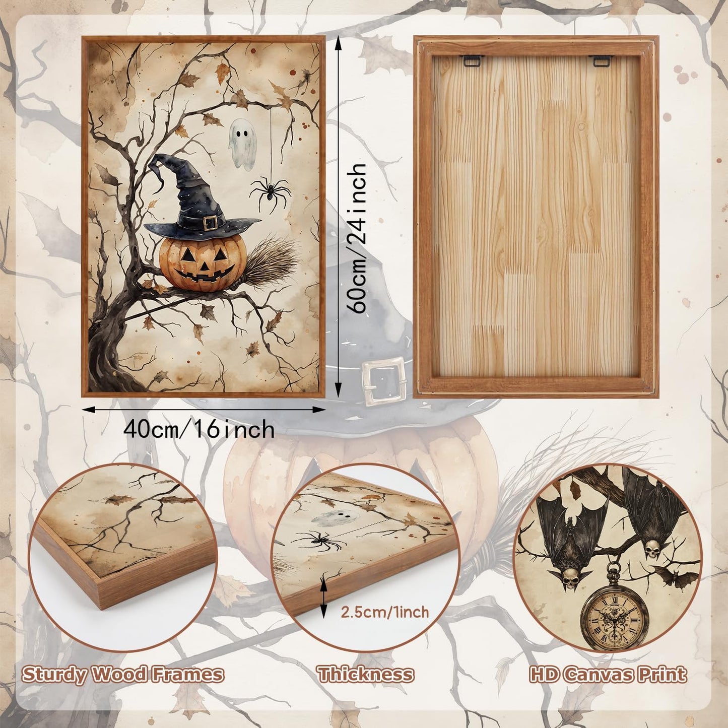 HLNIUC Vintage Halloween Decor Framed Gothic Skull Wall Art Set of 3(16”x24”) Floral Raven Crow Wall Decor,Horror Pumpkin Dark Academia Canvas Painting bats prints for Living Room Bedroom Goth Party