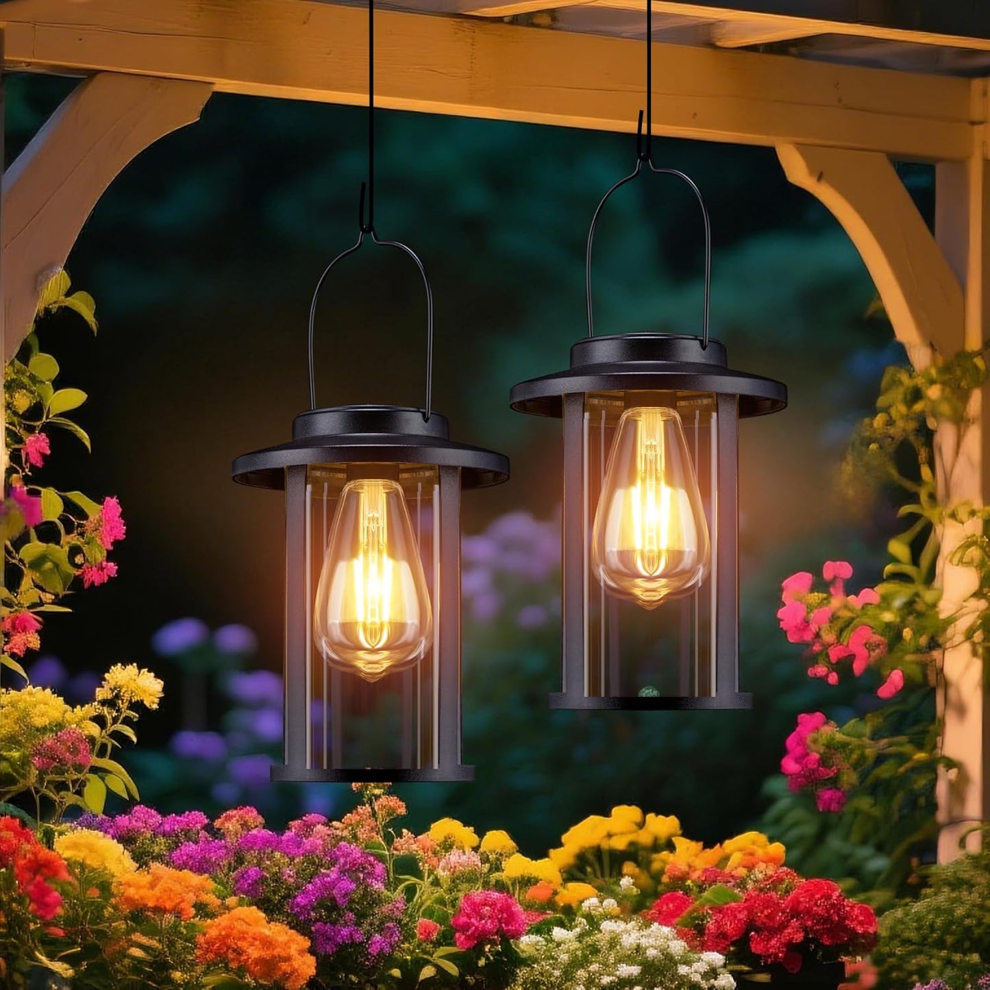 Solar Lantern Outdoor,Hanging Solar Lights Waterproof,Outdoor Wall Light Fixtures wiht Bulb,Outside Porch Lights Wall Mount for Front Garage Chicken Coop Farmhouse,2 Pack