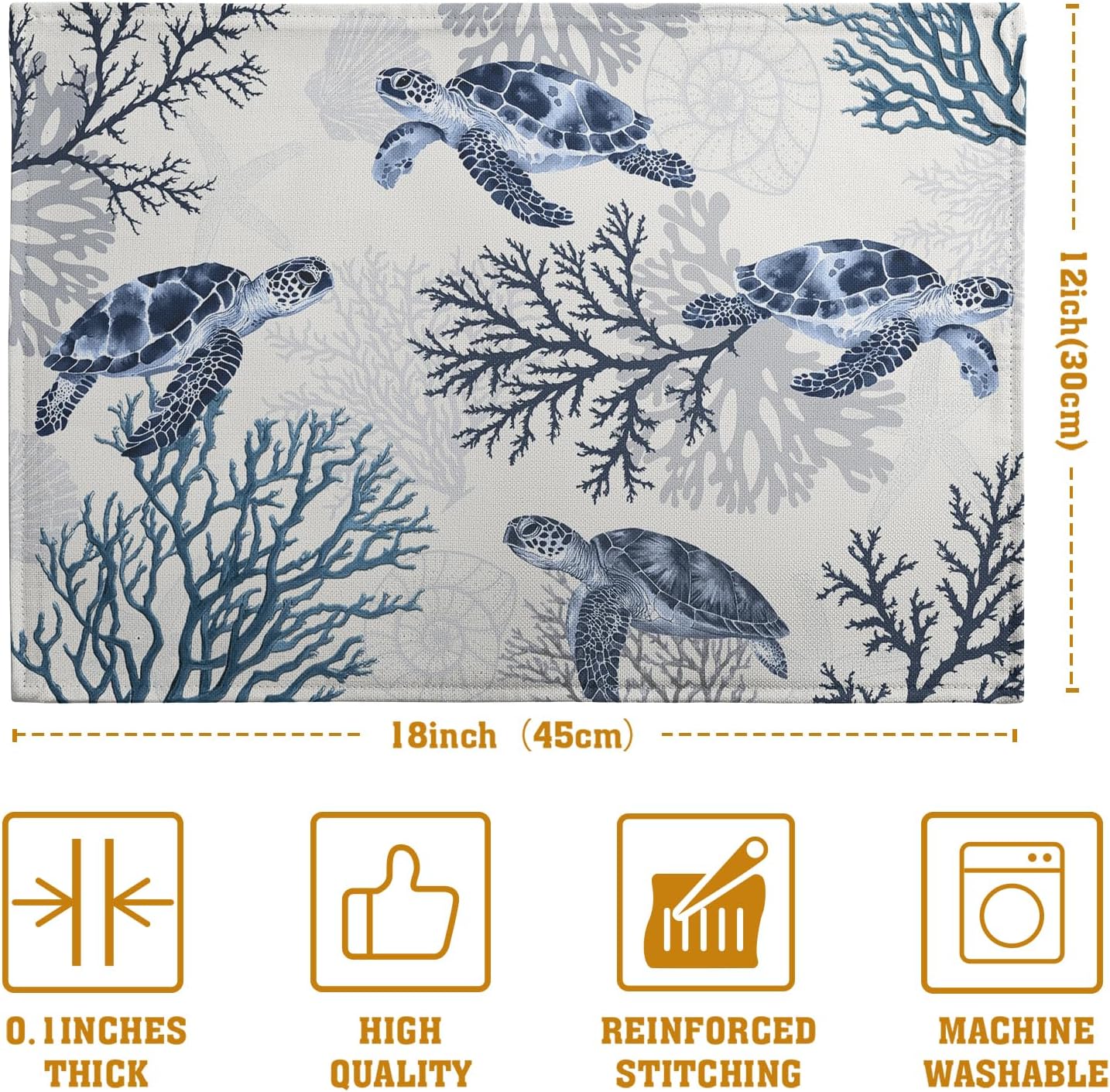 Coastal Beach Placemats Set of 4 Nautical Theme Coral Sea Turtle Navy Blue Place Mat 12x18 Inch Seasonal Summer Ocean Washable Linen Fabric Table Mats for Party Kitchen Dining Decoration