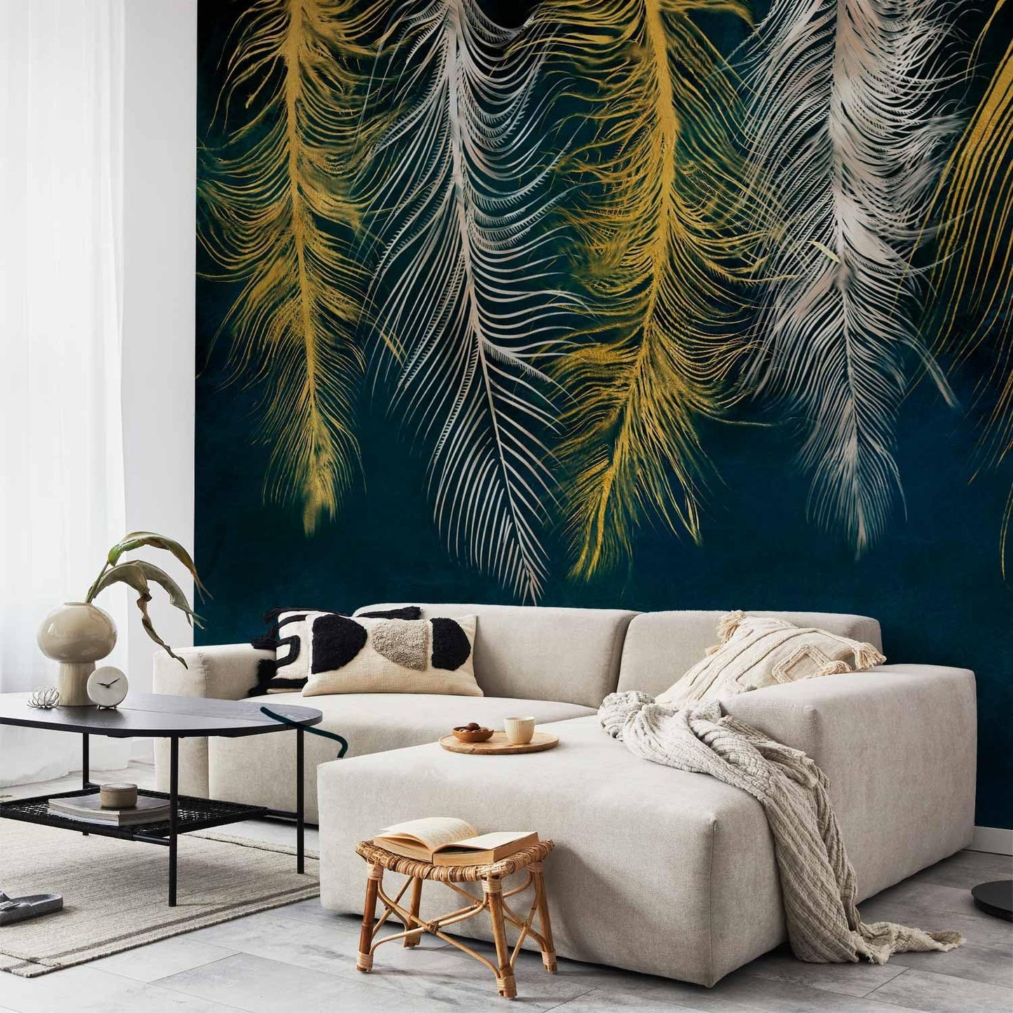 artgeist Premium Wall Mural Feather 197x138 in - Non-Woven Wallpaper Fleece Wall Decor Photo Print Picture Image Design Landscape Abstract Beige Navy Blue b-A-0812-a-a
