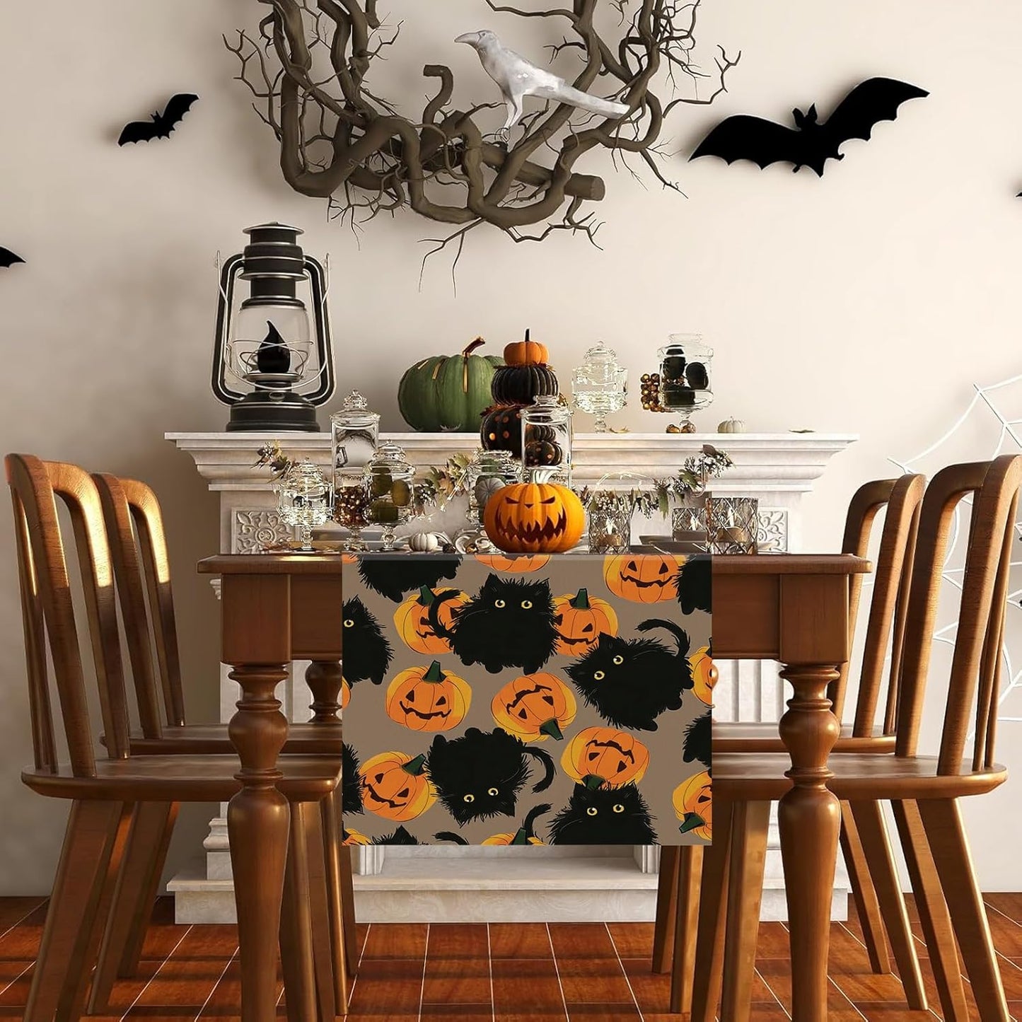 Halloween Table Runner Black Cat Pumpkins Seasonal Kitchen Dining Table Home Outdoor Party Decorations 13x60 Inch