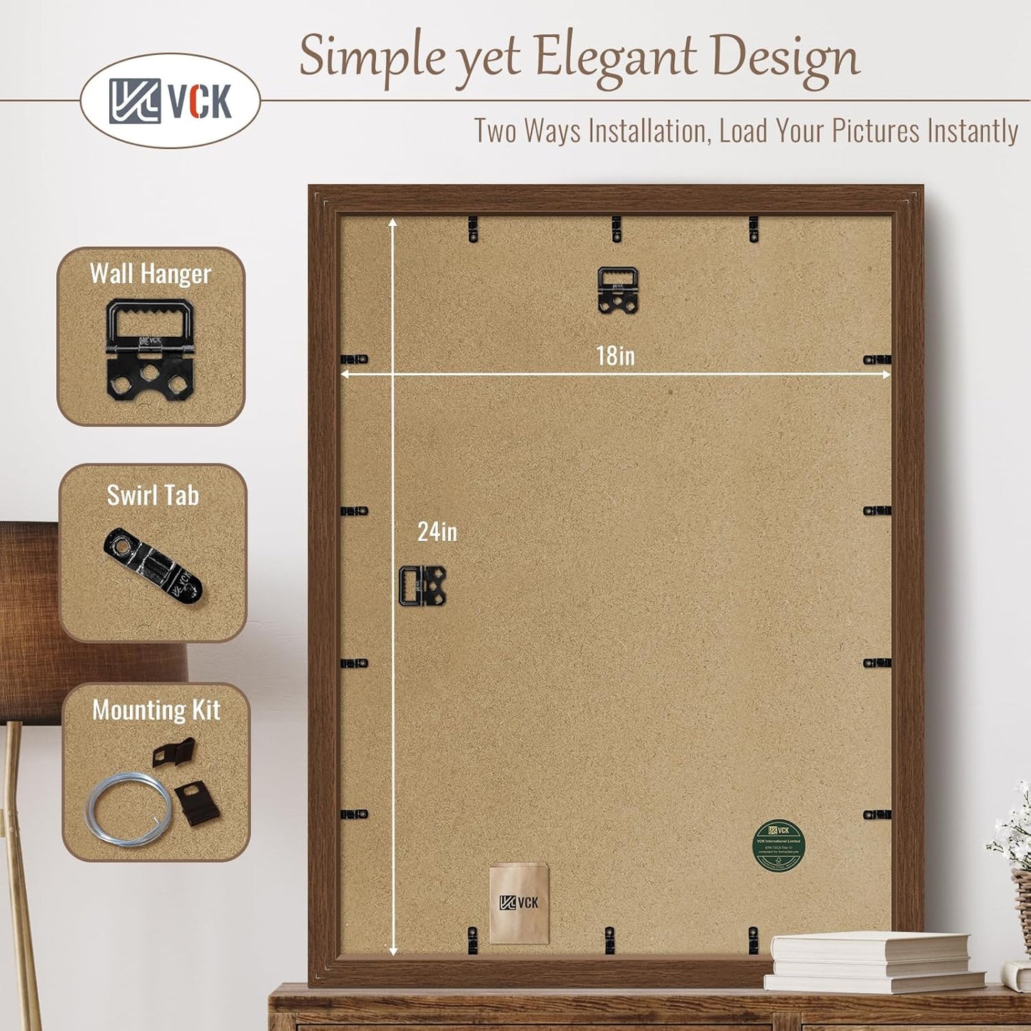 VCK 18x24 Brown Poster Frame 3 Pack, Wood Picture Frame with Exclusive Wood Grain, Wall Mounting Hanging