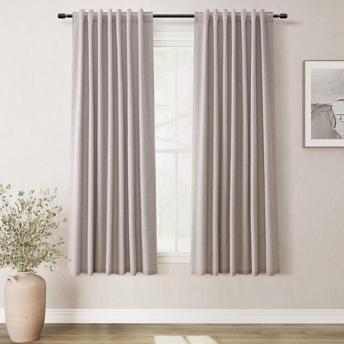 BOODII 63 Inch Blackout Curtains Linen Black Out Curtains for Bedroom 2 Panels Set Neutral Room Darkening Curtain Brownish Grey Thermal Insulated Curtain for Nursery Window Drapes Back Tab 52x63