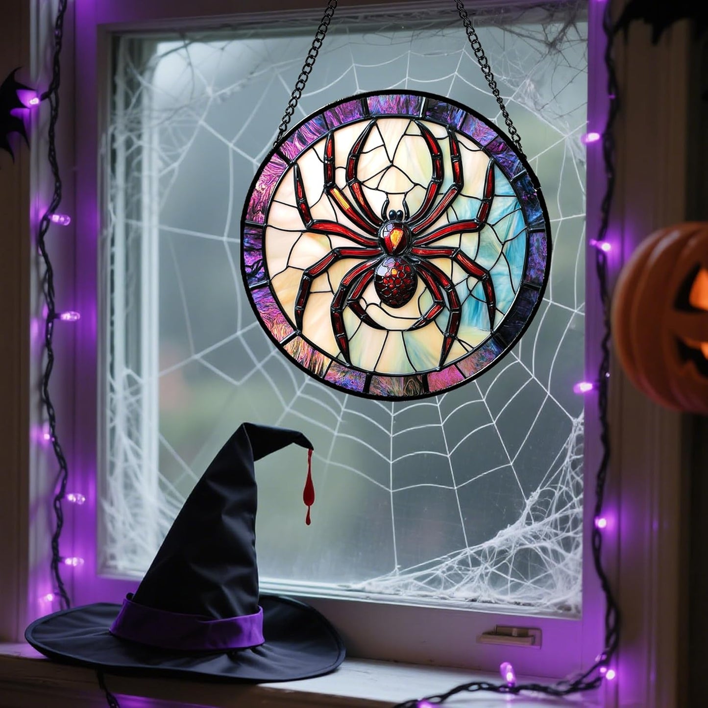 Stained Glass Window Hanging - Halloween Decorations Red Spider Goth Suncatcher for Doors Garden Indoor Funny Spooky Sun Catchers Gothic Decor Horror Gifts for Women Men Friend 6.3 in