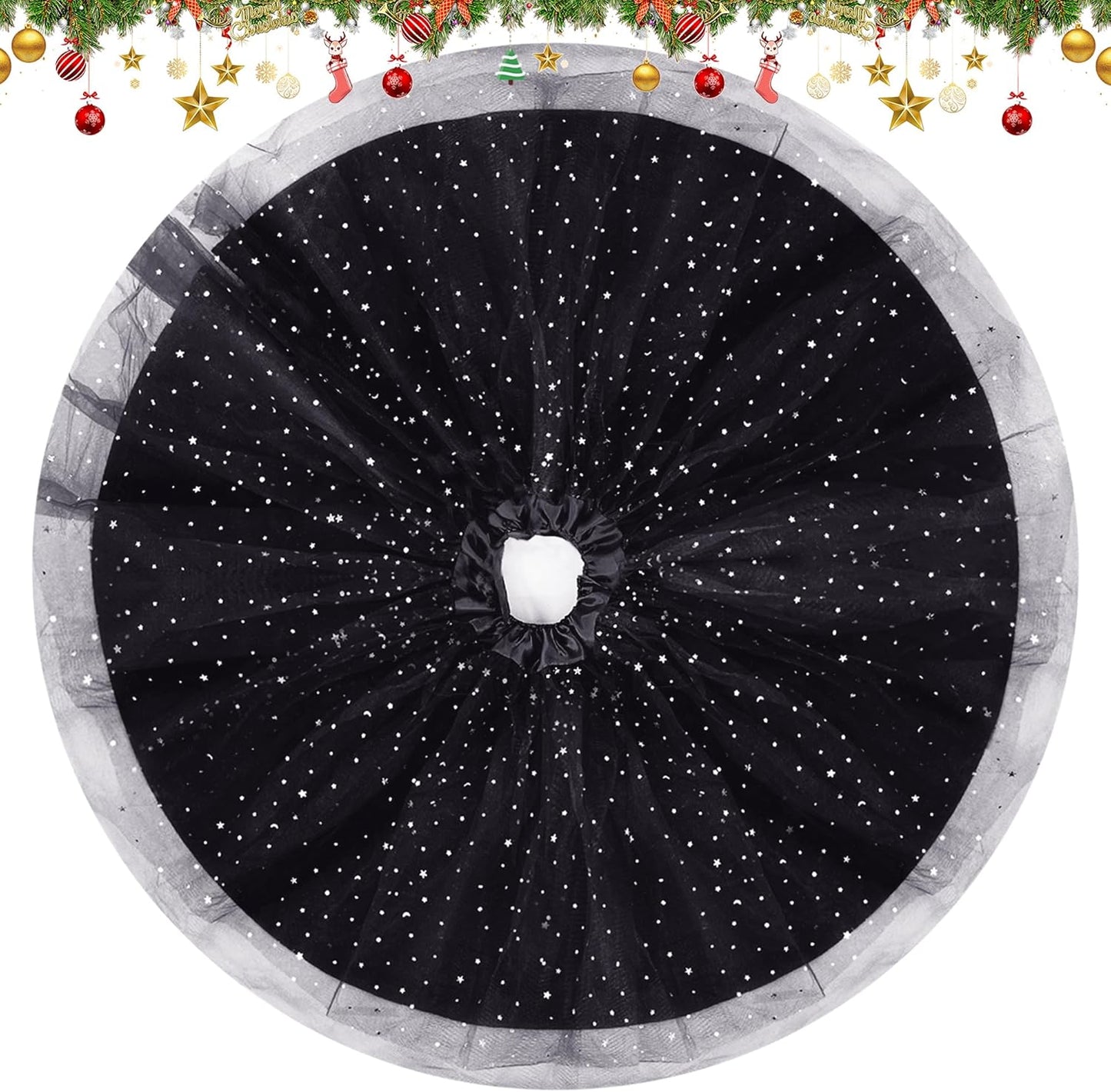 Christmas Wedding Tree Skirt,45 inch 4-Layer Fluffy Romantic Pleated Sparkly Halloween Skirt Decoration Xmas Tree Ornament for Holiday and Party(Black)