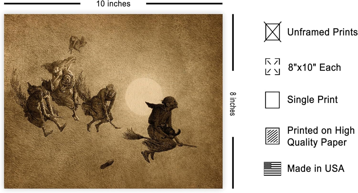 Poster Master Vintage Witches Ride Poster - Retro Flying Witches Print - Halloween Art - Pagan Art - Gift for Men & Women - Gothic Wall Decor for Living Room, Bedroom or Dorm - 8x10 UNFRAMED Wall Art
