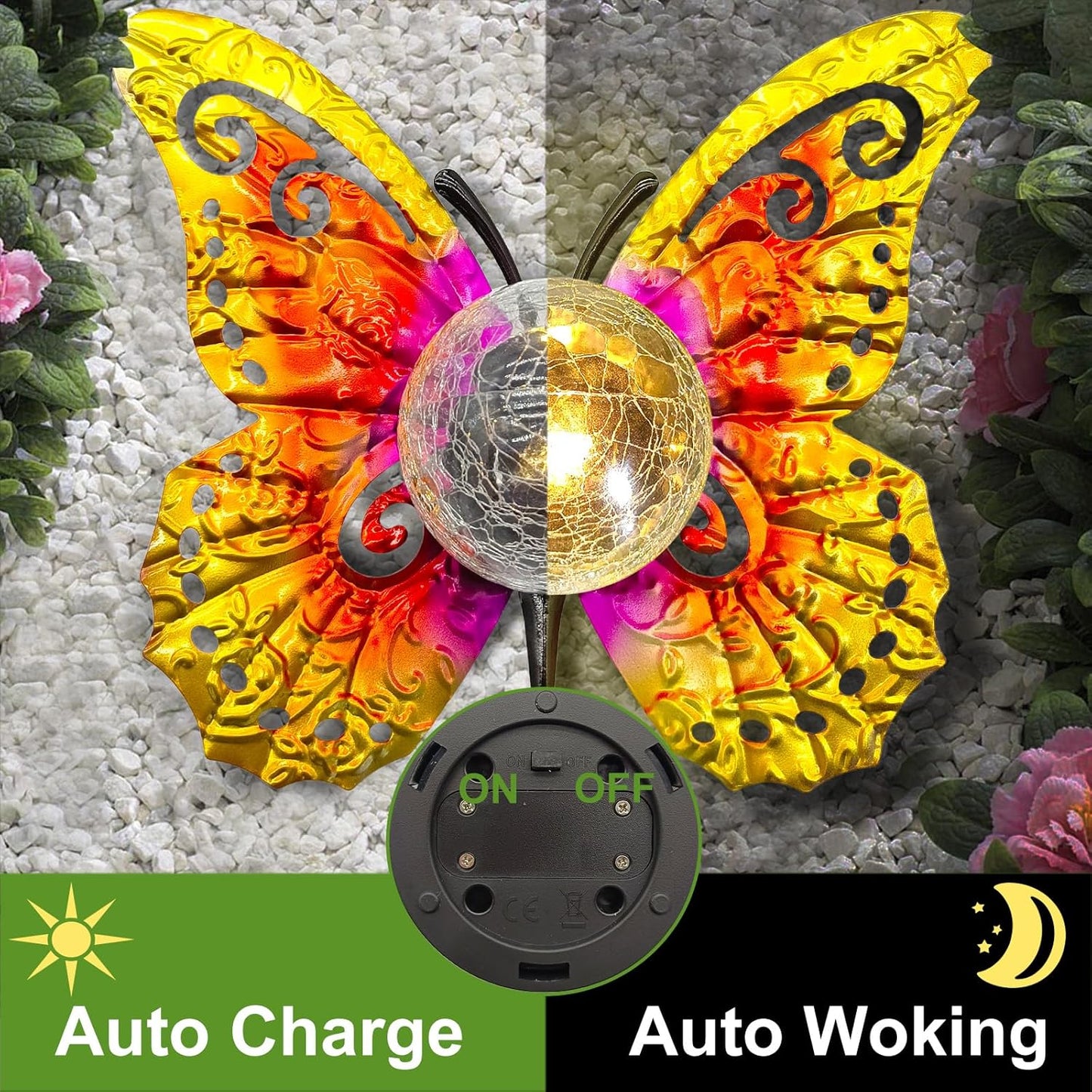 Solar Lights Outdoor Garden Butterfly Decor, Metal Butterfly Statue Decoration with LED Crackle Glass Globe, Solar Powered Lighted Garden Art Decor for Patio Lawn Yard Pathway Tabletop Ground
