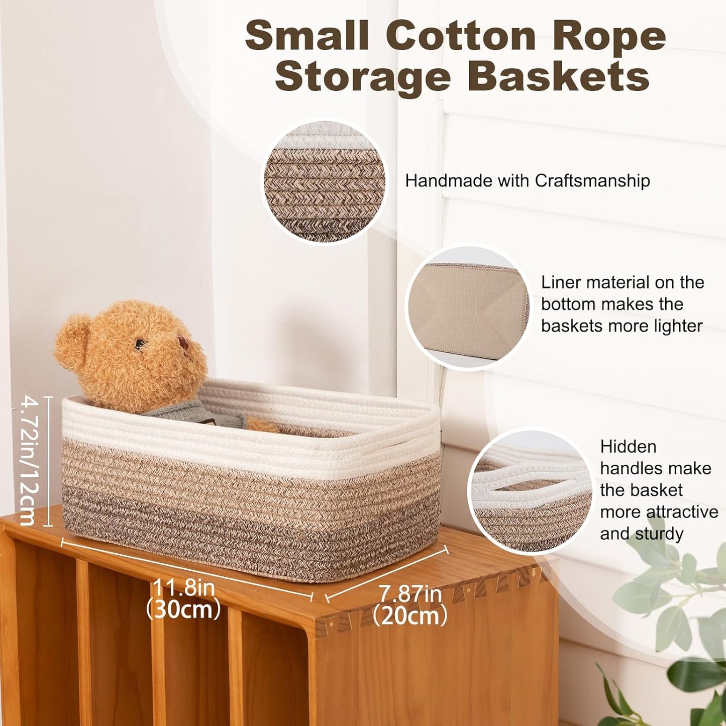 3 Pack Small Storage Baskets for Organizing, Cute Woven Decorative Gift Baskets for Shelves, Mini Closet Organizer Bins with Handles, 11.81''Lx7.87''Wx4.72''H-Brown White