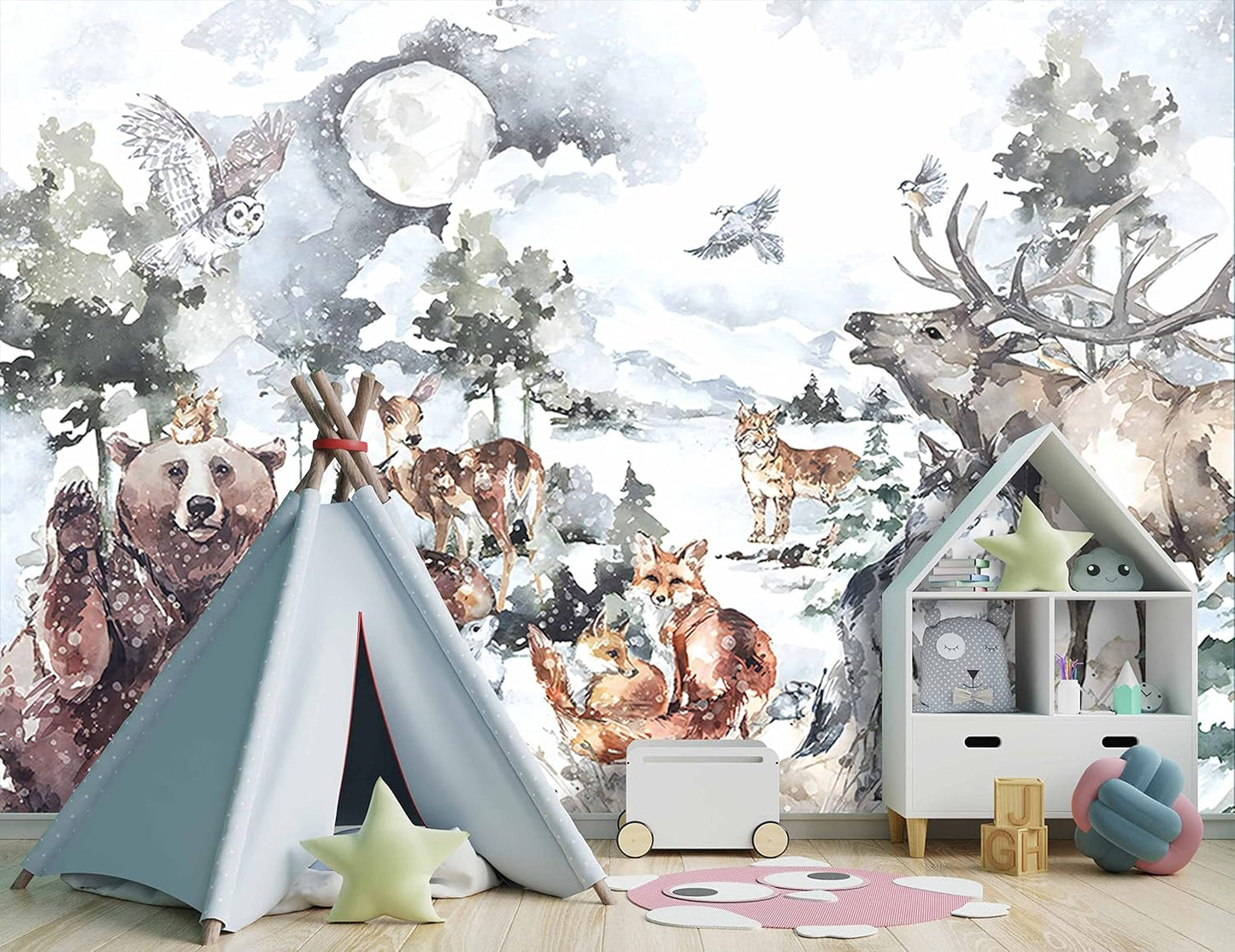 Boys or Girls Cartoon Watercolor Animals wallpeper Nursery Kids Bedroom Wall Mural - 137"x96"（Not Peel and Stick）