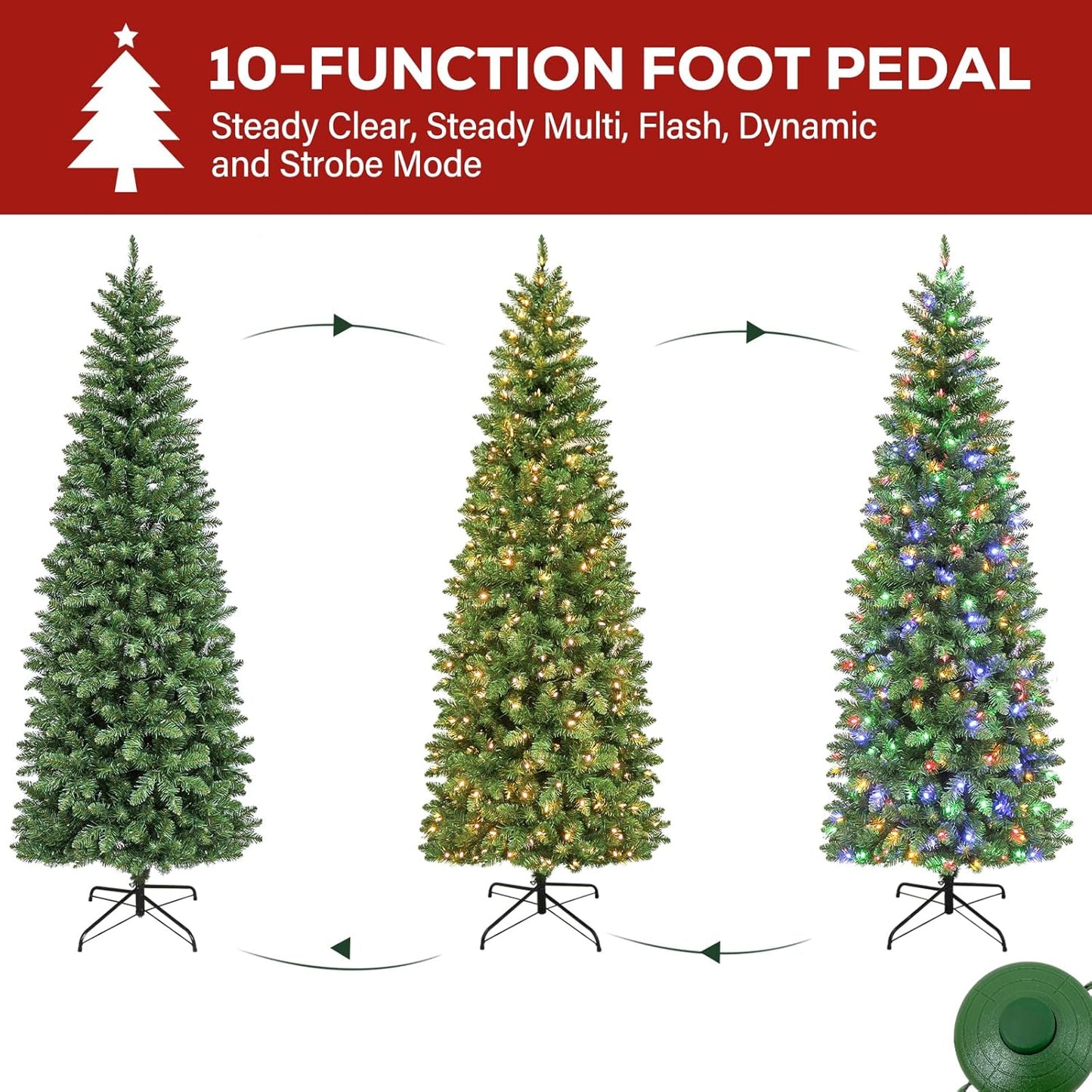Hykolity 6ft Prelit Pencil Slim Christmas Tree with 200 Color Changing LED Lights, 544 Branch Tips, Metal Stand and Hinged Branches, 10 Color Modes