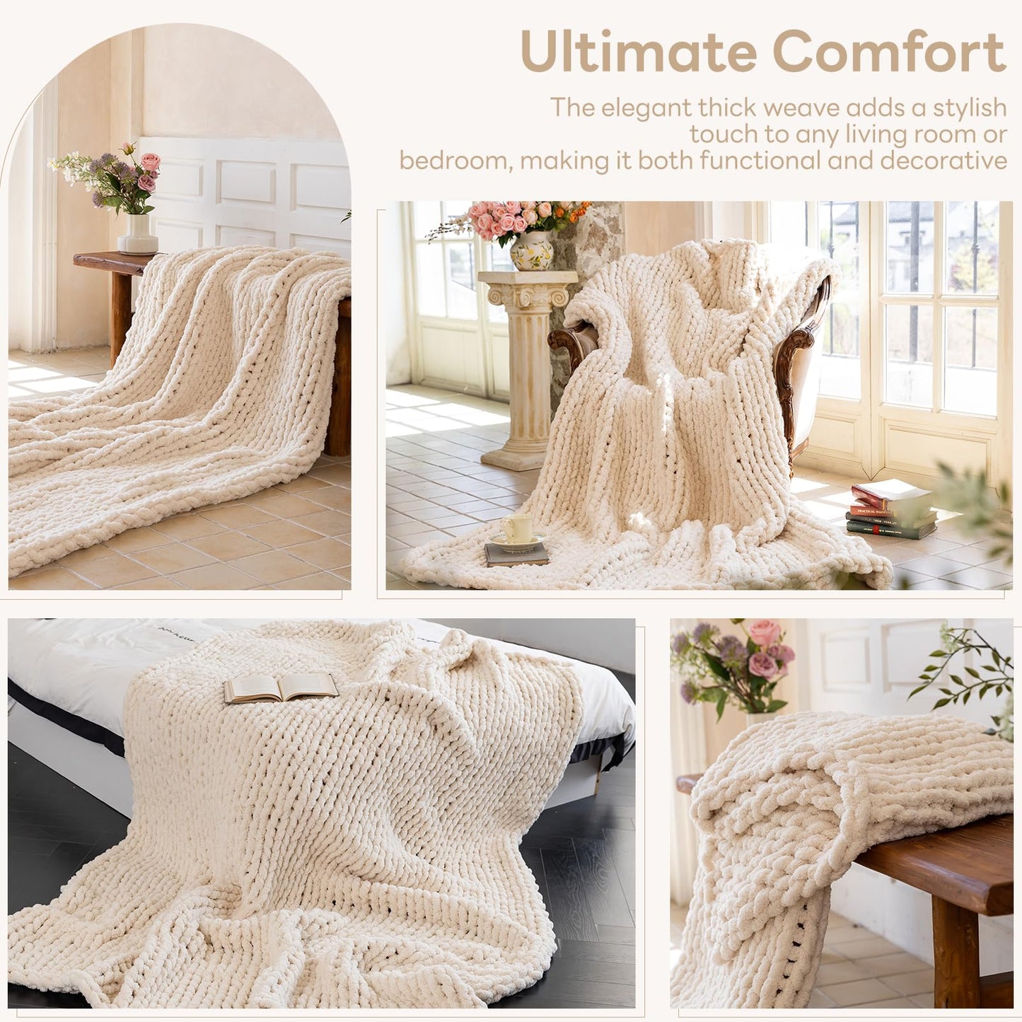 Premium Cream Chunky Knit Throw Blanket | 60"x80" Woven Rope Knot Design | Ultra Soft & Machine Washable