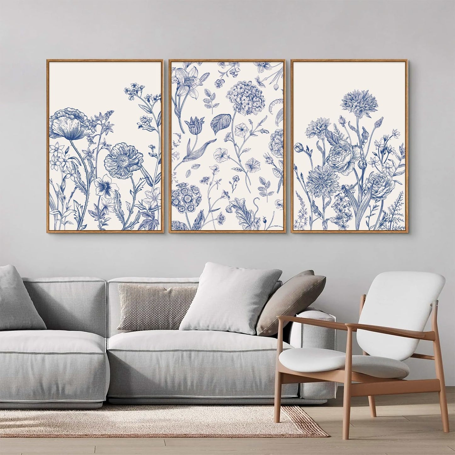 Tinonedraw Large Classic Chinoiserie Flower Framed Canvas Wall Art Set, Navy Blue and White Floral Wall Decor, Minimalist Neutral Botanical Art Printing for Living Room Bedroom Office Dorm 16"x24"x3
