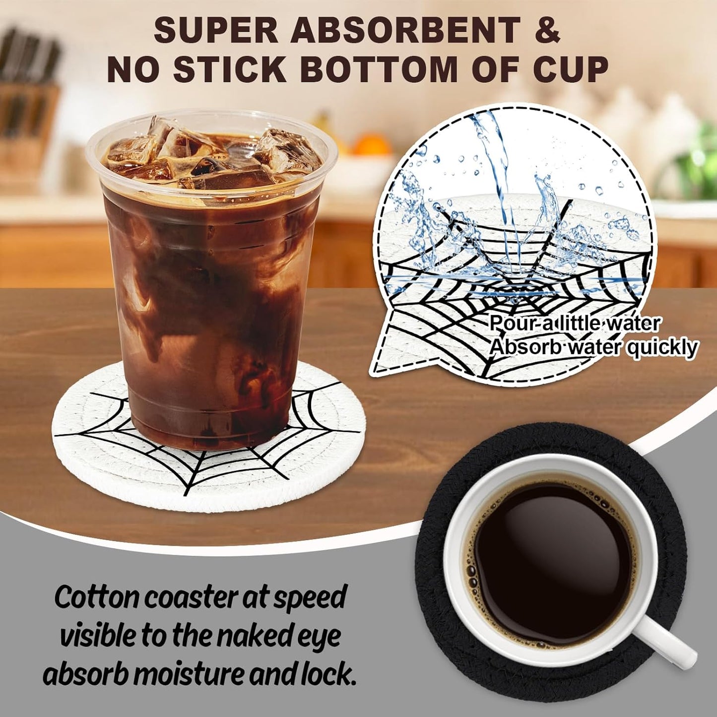 Whaline Halloween Handmade Braided Cotton Coasters Black White Ghost Bat Cat Spiderweb Drink Coasters Absorbent Cup Coasters for Halloween Party Home Office Decor, Set of 4