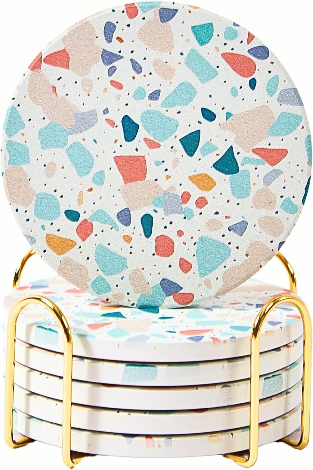 Terrazzo Drink Absorbent Coasters with Holder Set of 6, Ceramic Coaster for Drinks, Coffee Table Decor, Water Absorbing Stone Coaster for Drinks (Pastel)