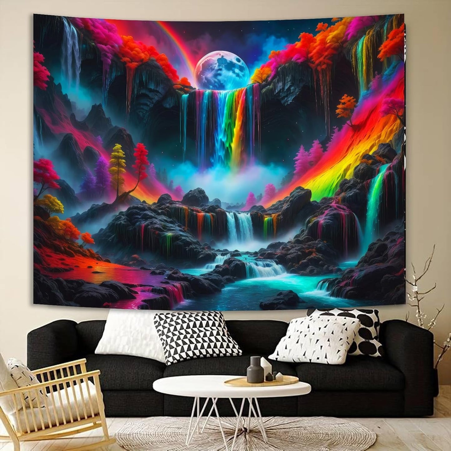 SparkLia Blacklight Waterfall Planet Tapestry, UV Reactive Glow in the Dark Fantasy Landscape Mountain Wave Neon Nature Wall Hanging Tapestries for Bedroom - 80 x 59 inches