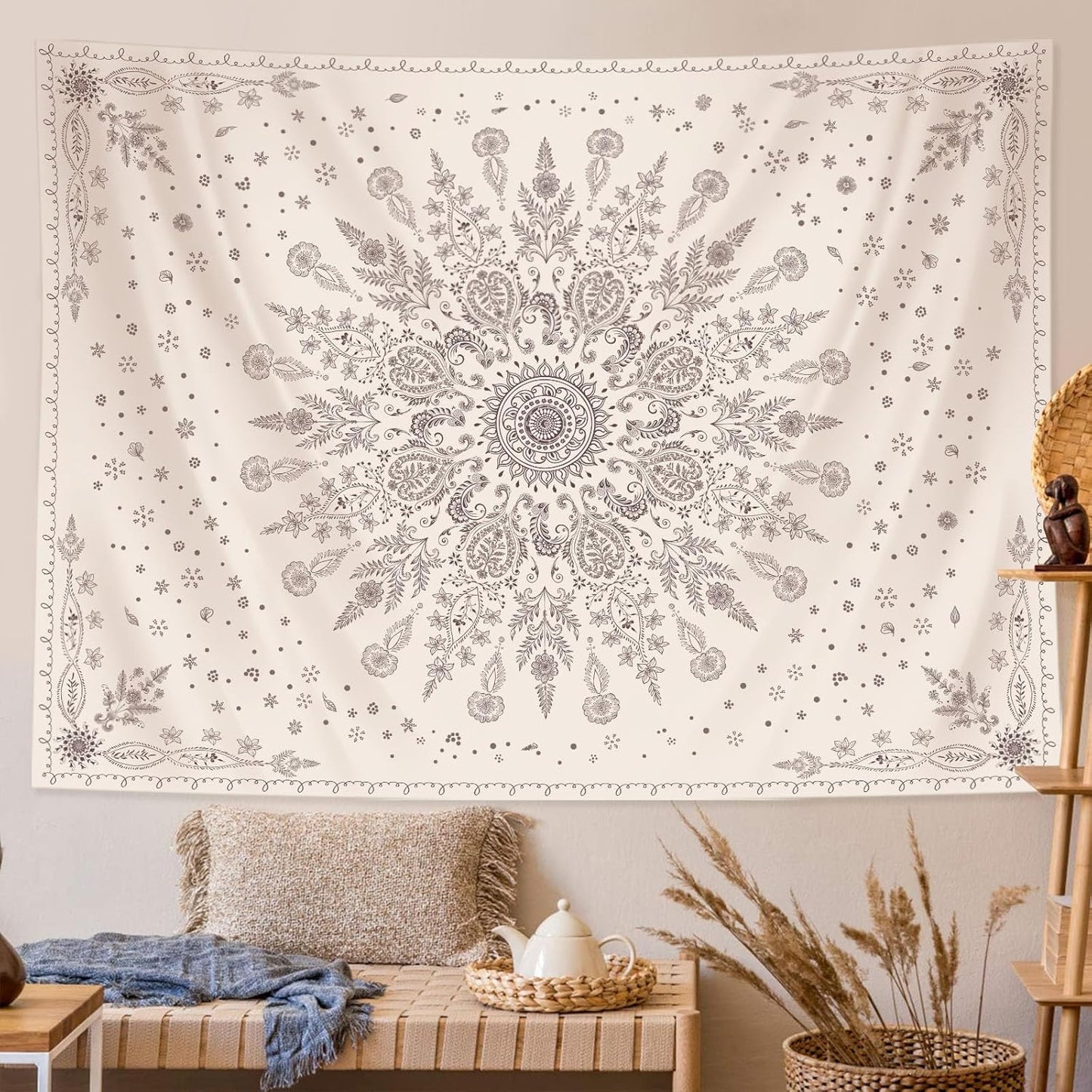 Lunerfex Boho Floral Tapestry Mandala Wall Tapestry, Cute Tapestries for Bedroom Beige Flower Tapestries Wall Hanging for Bedroom Living Room Decor Beige-1 44"x60"