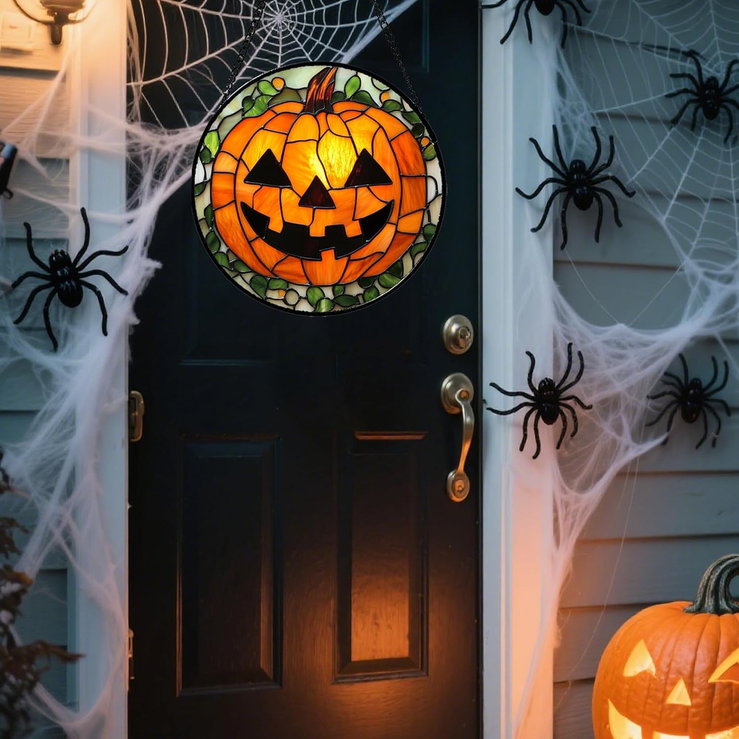 Stained Glass Window Hanging, Halloween Decorations Evil Pumpkin Suncatcher for Doors Garden Indoor Spooky Funny Orange Sun Catchers Gothic Decor Horror Gifts for Women Men Friend 7.8 in