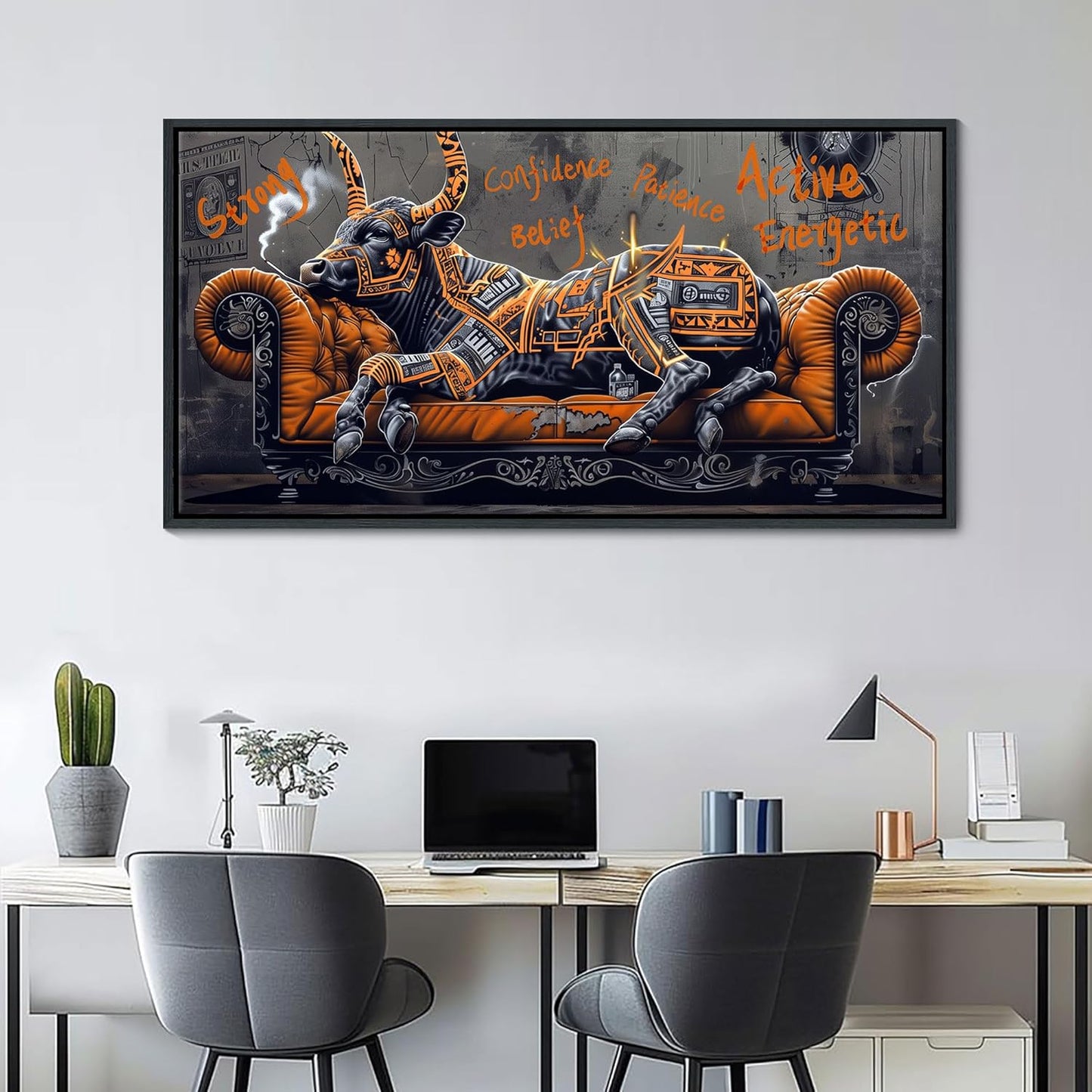 JEAWA Framed Canvas Wall Art - Creative Wall Art for Bedroom Living Room Bathroom, Modern Artwork Decor for Home Decoration, Strong Bull Color Graffiti, 24x48 IN