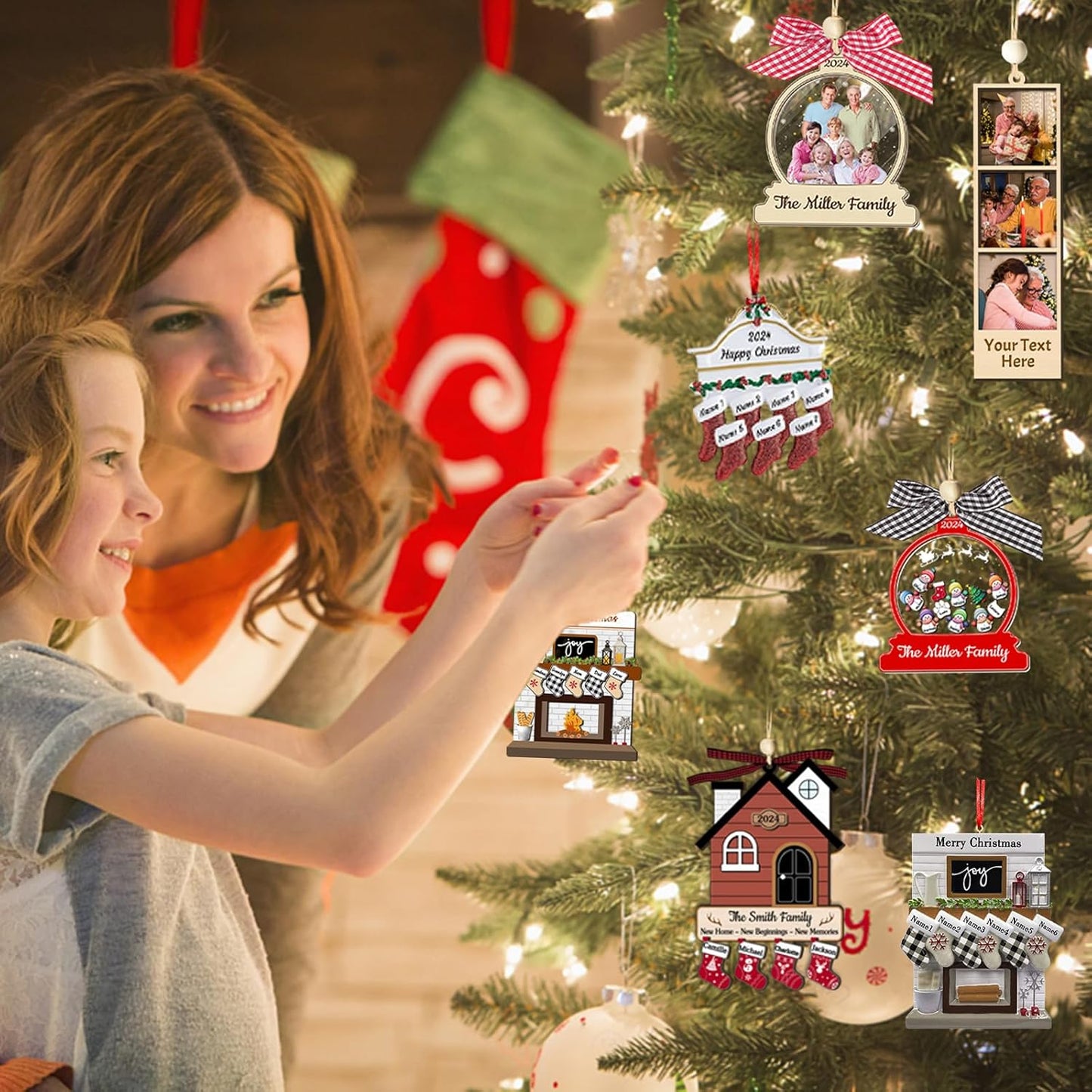 Personalized Christmas Ornaments with Names of 2/3/4/5/6/7/8 Custom Family Ornament Customized Xmas Tree Hanging Ceramic Decoration Gift Stocking