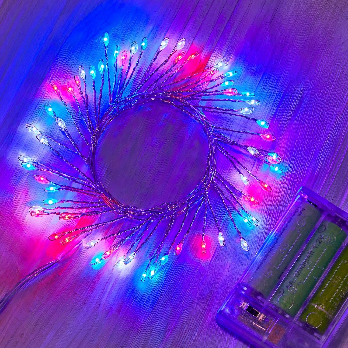 Minetom Red White Blue Fairy Lights Battery Operated, 4th July Decoration Patriotic String Lights Silver Wire 5 Feet 60 Led Firecracker Starry Lights for DIY Wreath Home Independence Day Decoration