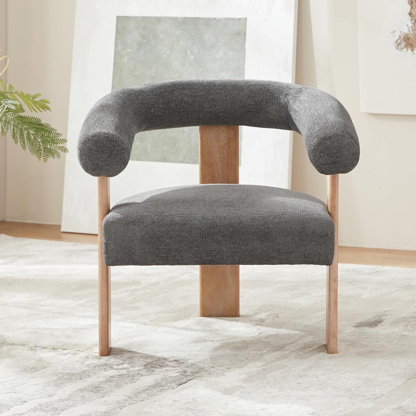 VKNOW Accent Chair Living Room Chair, Modern Upholstered Armchair with Solid Wood Legs, Comfy Barrel Arm Chairs for Living Room Bedroom, Dark Grey