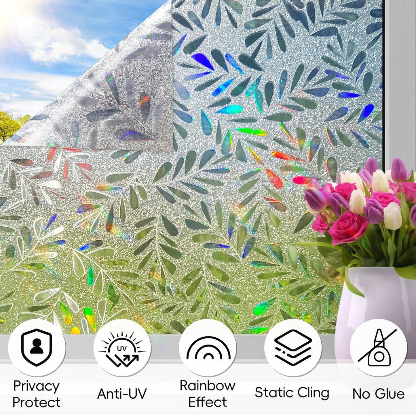 DUOFIRE Window Privacy Film Rainbow Window Film Decorative Leaves Pattern Window Cling Frosted Reusable Anti-UV Non-Adhesive Static Cling Privacy Film for Home Office 35.4 × 78.7 inches