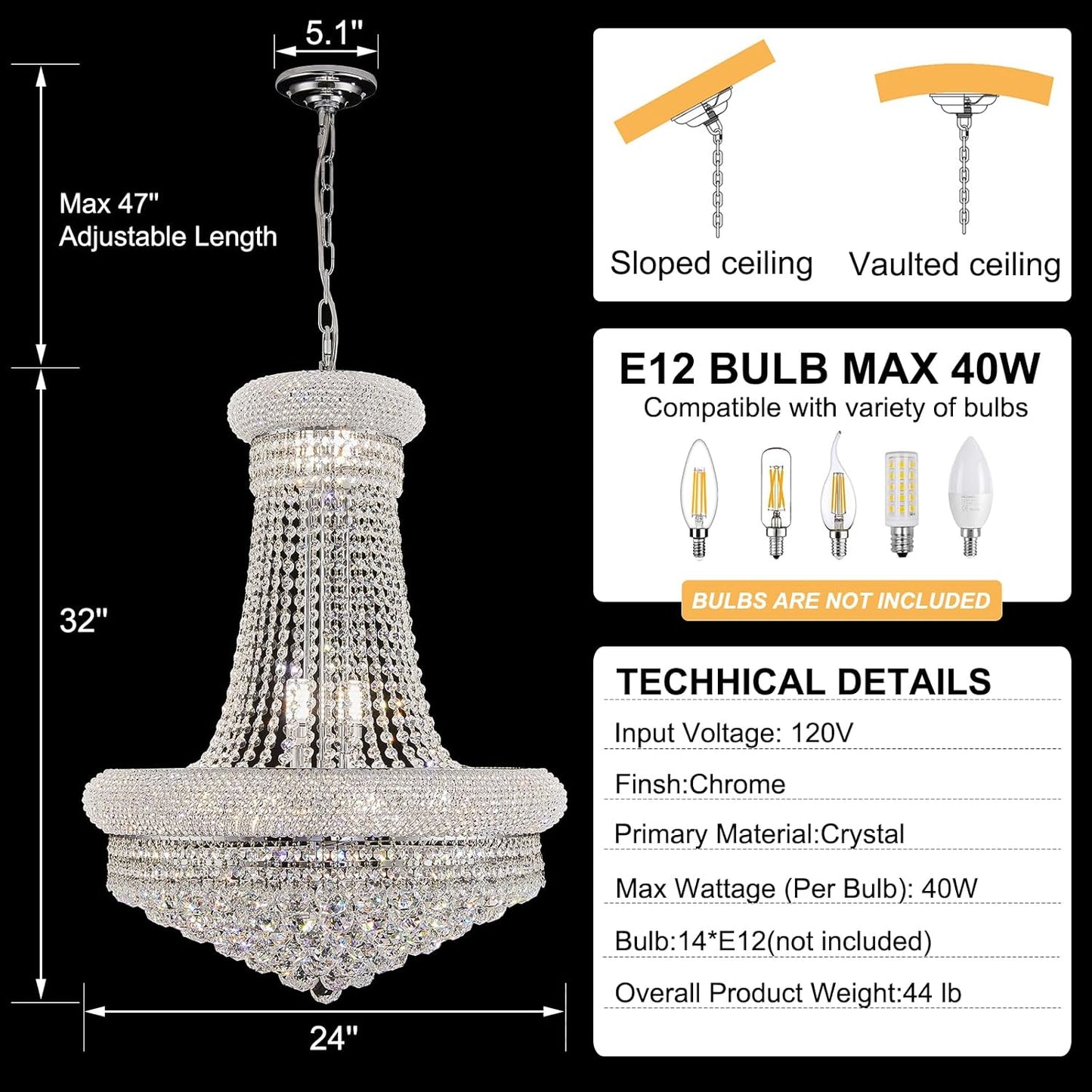 14 - Light Unique Empire Crystal Chandelier with Adjustable Chain for High Ceiling Foyer Entryway Living Room Dining Room Bedroom Chrome Finish