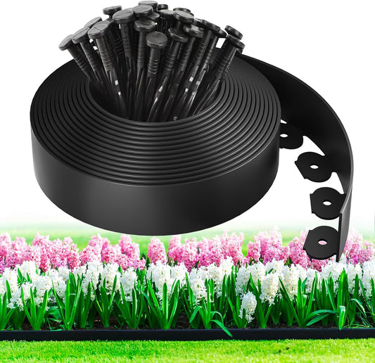 MIXC 33ft, 1.5in Tall Landscape Edging Kit with 50 Spikes, No-Dig Flexible Plastic Edge Border for Landscaping, Lawn, Garden, Flower Beds, Yard, Paver, Playground, Fence, Pathway, Black,1pack,33ft