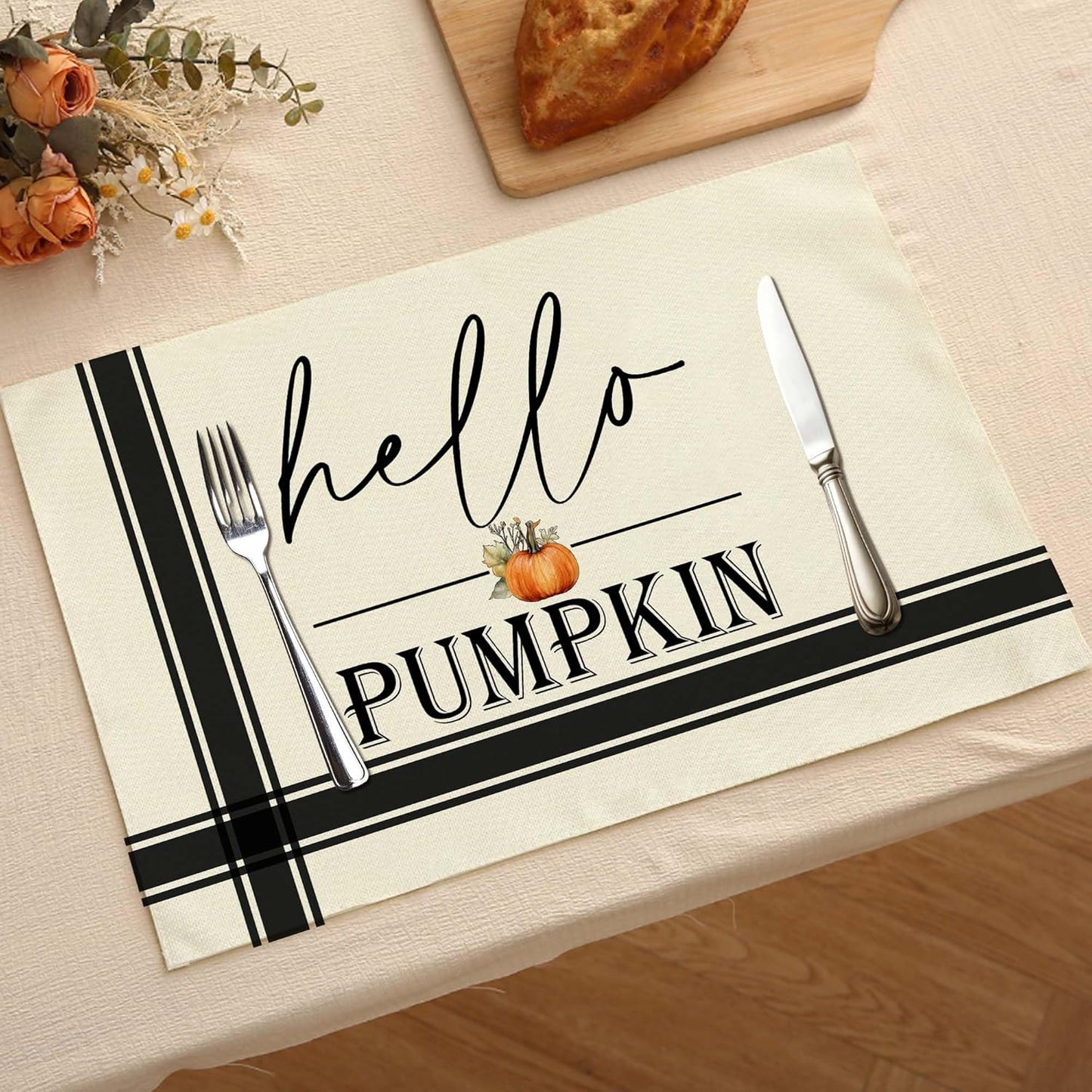 Hello Pumpkin Placemats Set of 4, 12x18 Inch Black Fall Buffalo Plaid Table Mats, Washable Heat Resistant Place Mats for Kitchen Dining Table, Autumn Home Farmhouse Decor-B02