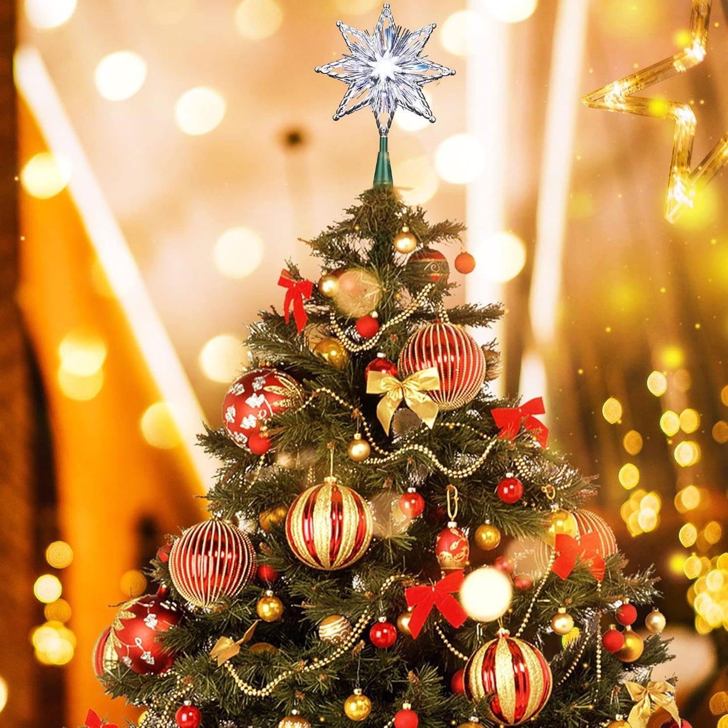 ODEETRONIC Christmas Tree Topper Star, 8in 120V UL Certified Double Sided 8-Point Star Christmas Treetop Lights, Indoor Lighted Christmas Tree Decorations for Xmas Home Party Wedding Decor, Cool White