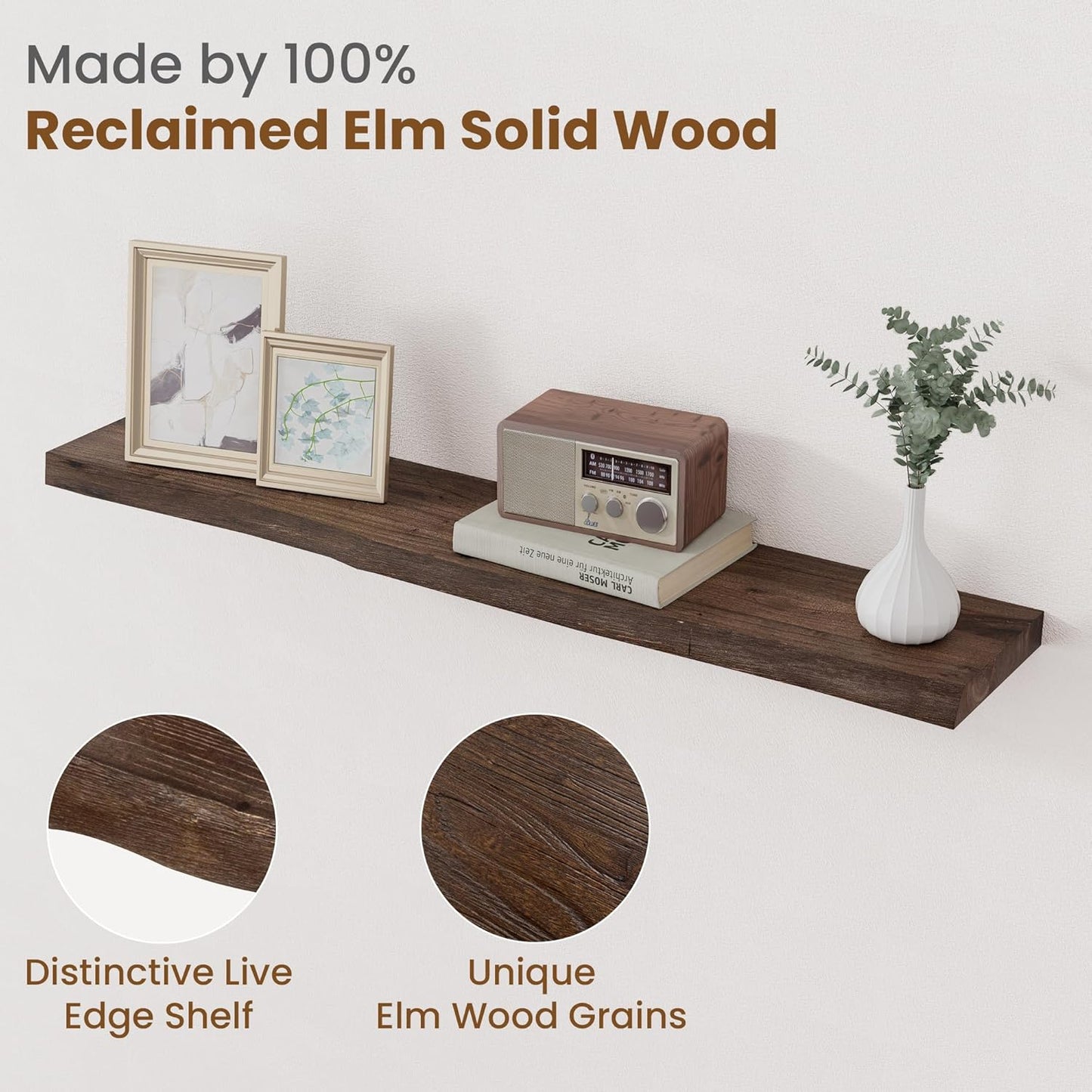 Floating Shelves for Wall Decor, Rustic Solid Elm Wood Live Edge Floating Shelves Wall Mounted, Wall Shelves with Invisible Bracket for Living Room Bathroom Bedroom Kitchen, 40 Inch Set of 1, Walnut