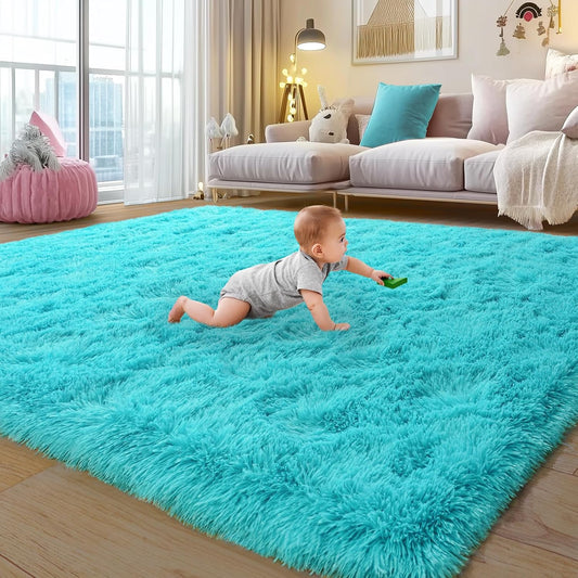Rezutan Soft Fluffy Rug for Living Room Bedroom, Large Comfy Modern Shaggy Fuzzy for Plush Indoor Nursery Classroom Home Decor Bedside Rug with Non-Slip Bottom, Teal Blue, 5X7 Feet